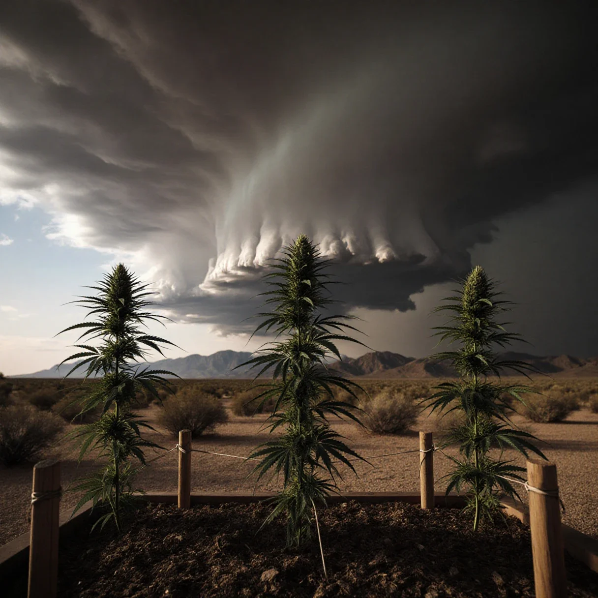 Monsoon storm clouds building over a desert backyard with staked cannabis plants in late summer