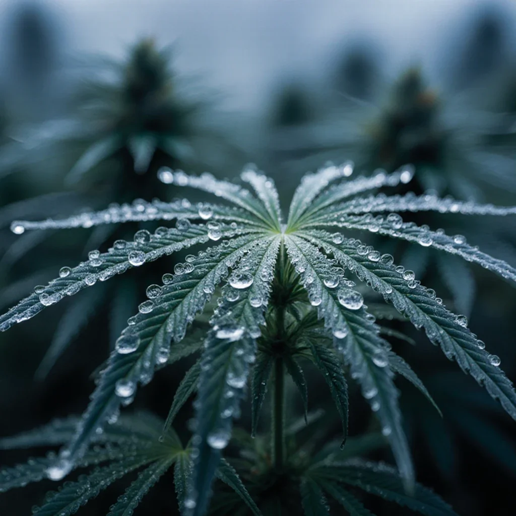 Morning dew on cannabis leaves in early autumn