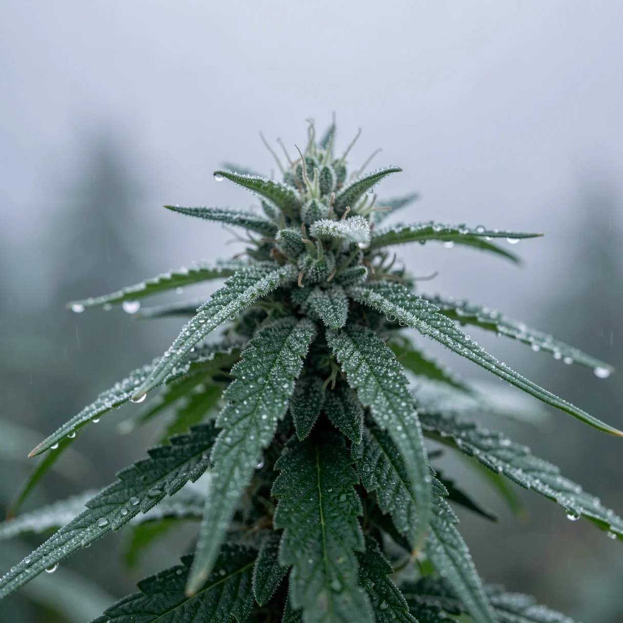 Morning dew on outdoor cannabis buds raises cannabis bud rot risk in damp weather