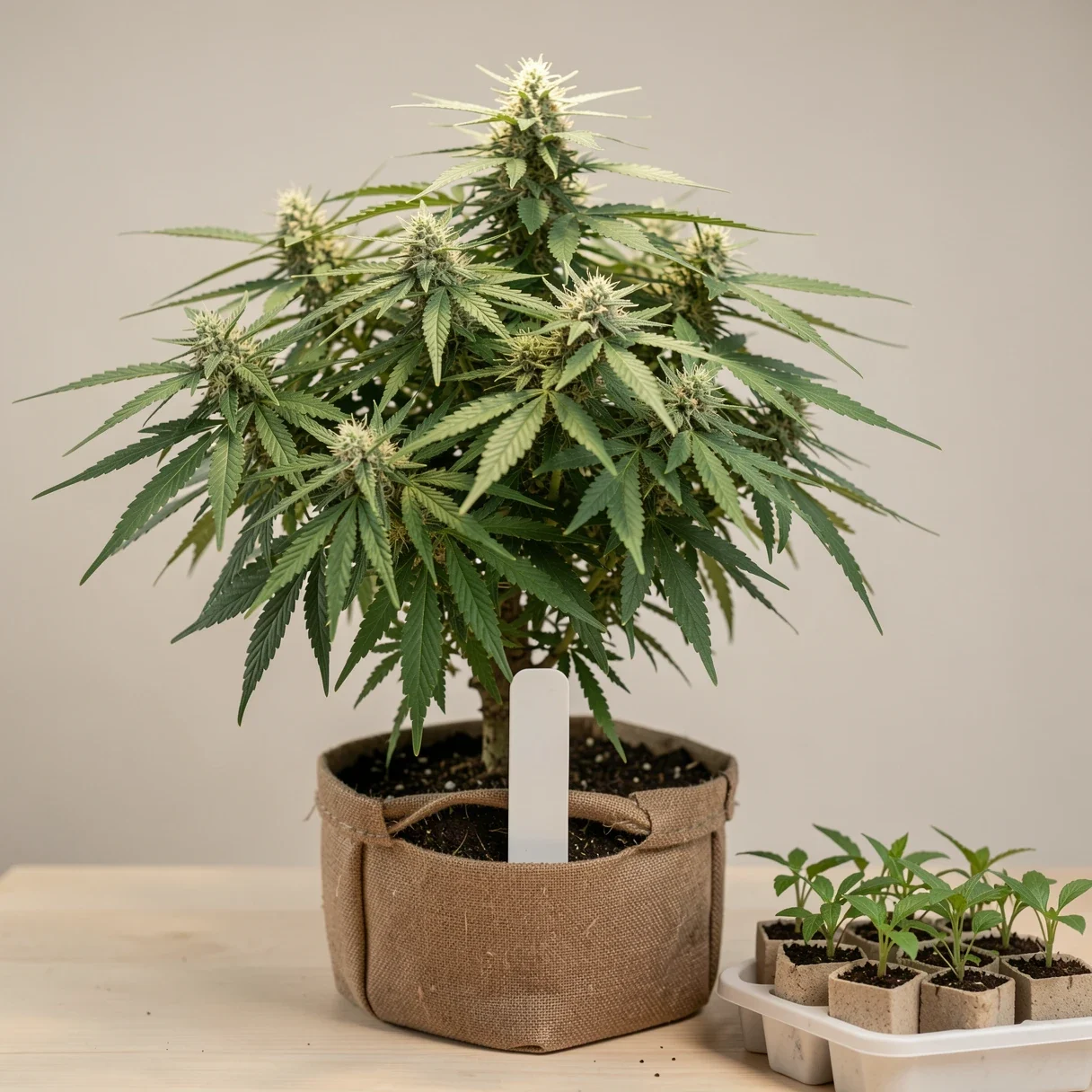 Labeled cannabis mother plant kept alive for cloning after a phenotype hunting selection