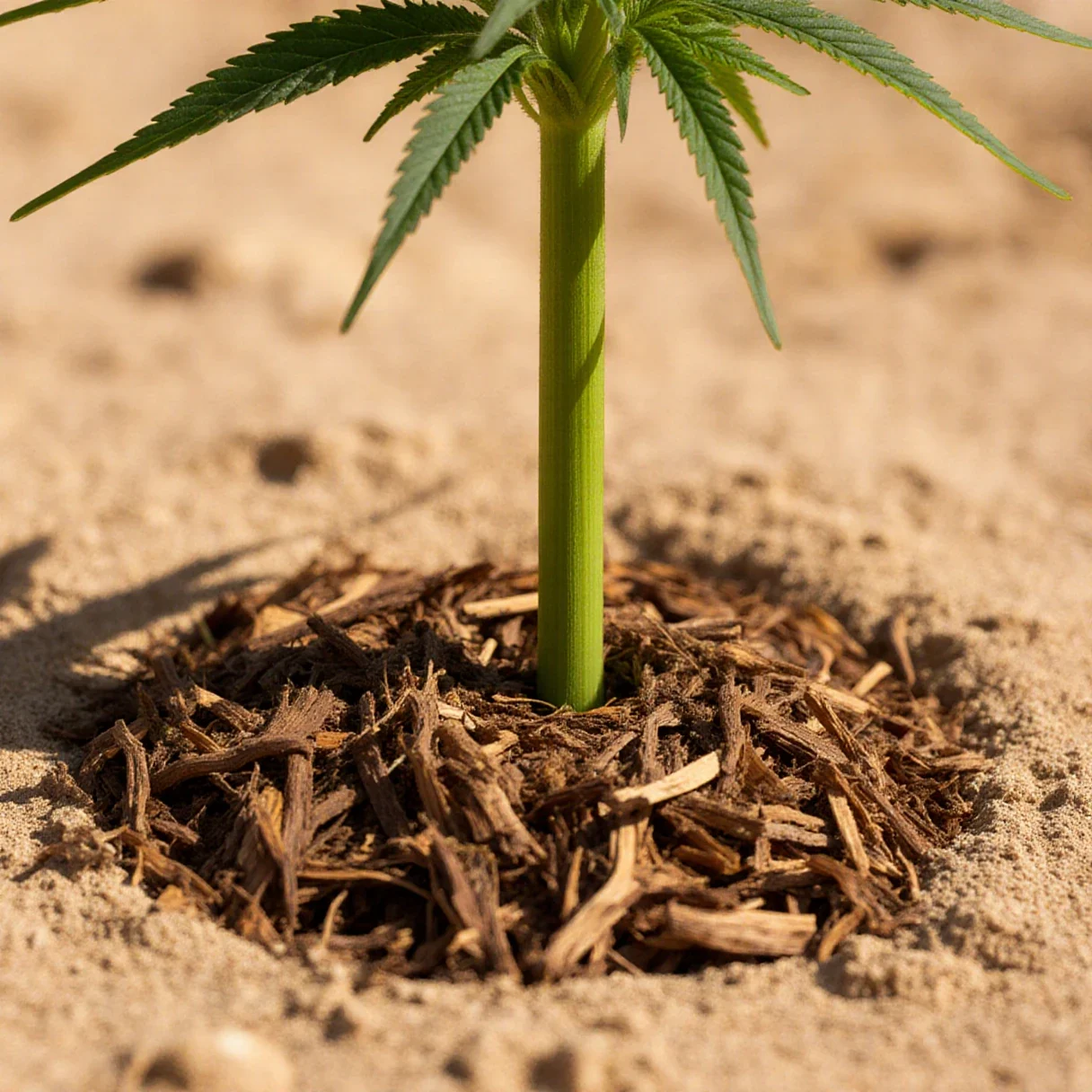 Thick layer of shredded wood mulch around the base of a cannabis plant in dry desert soil