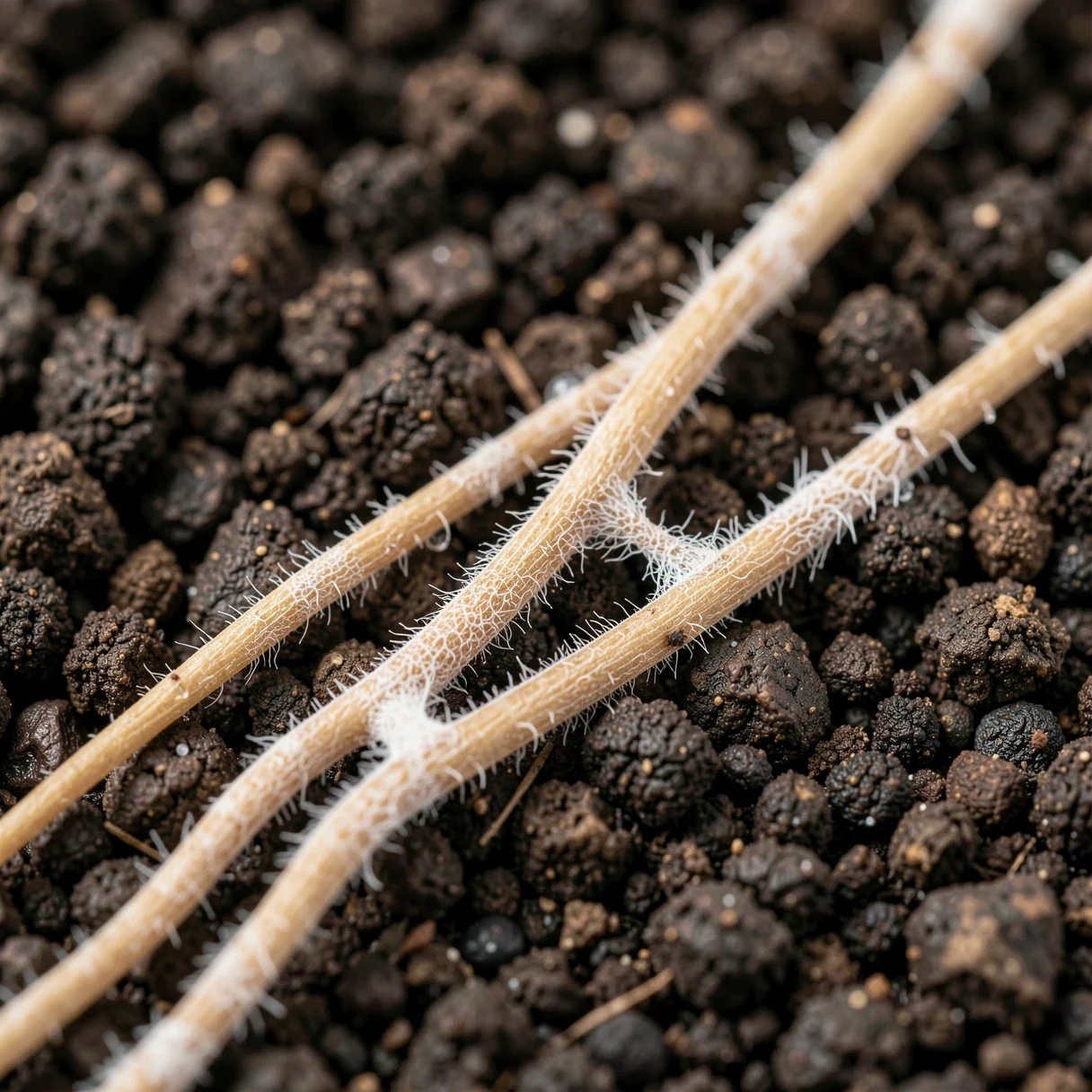 Close-up of cannabis roots colonized by mycorrhizal fungi, with pale hyphae spreading into the soil
