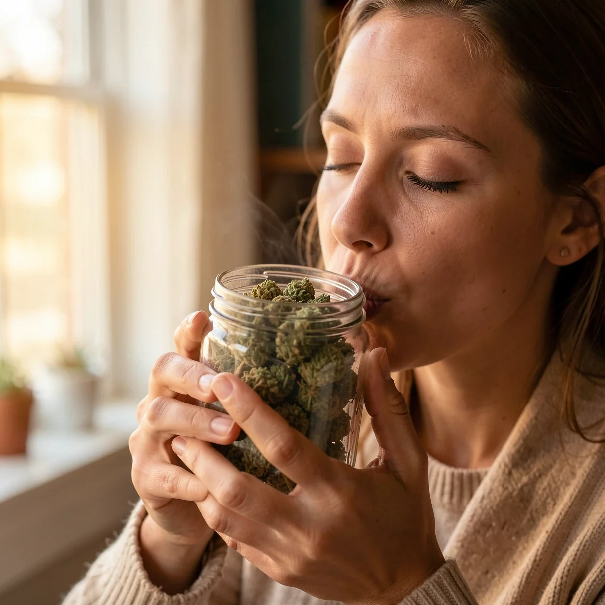 A grower lifting an open jar of cured cannabis flower to smell the aroma