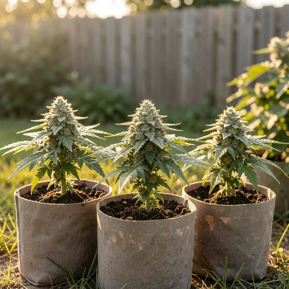 Fast flowering cannabis autoflowers ripening outdoors in late summer before the first frost
