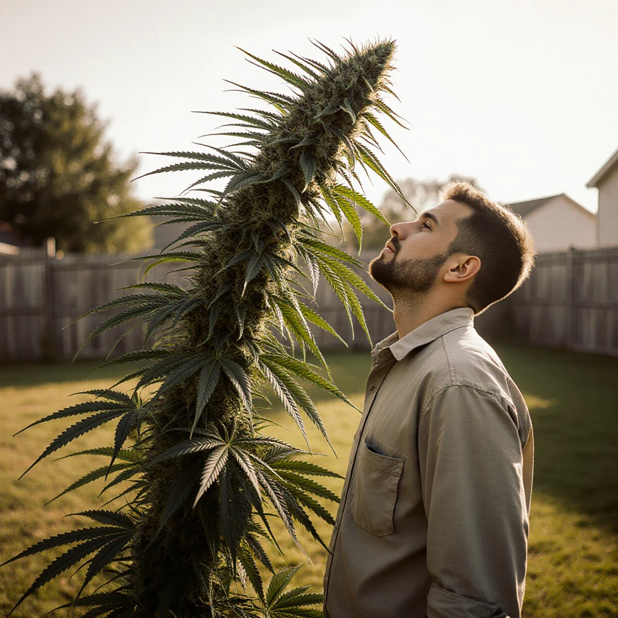 A grower beside a very large outdoor cannabis plant in late flower, showing what high yield cannabis strains do with a full season