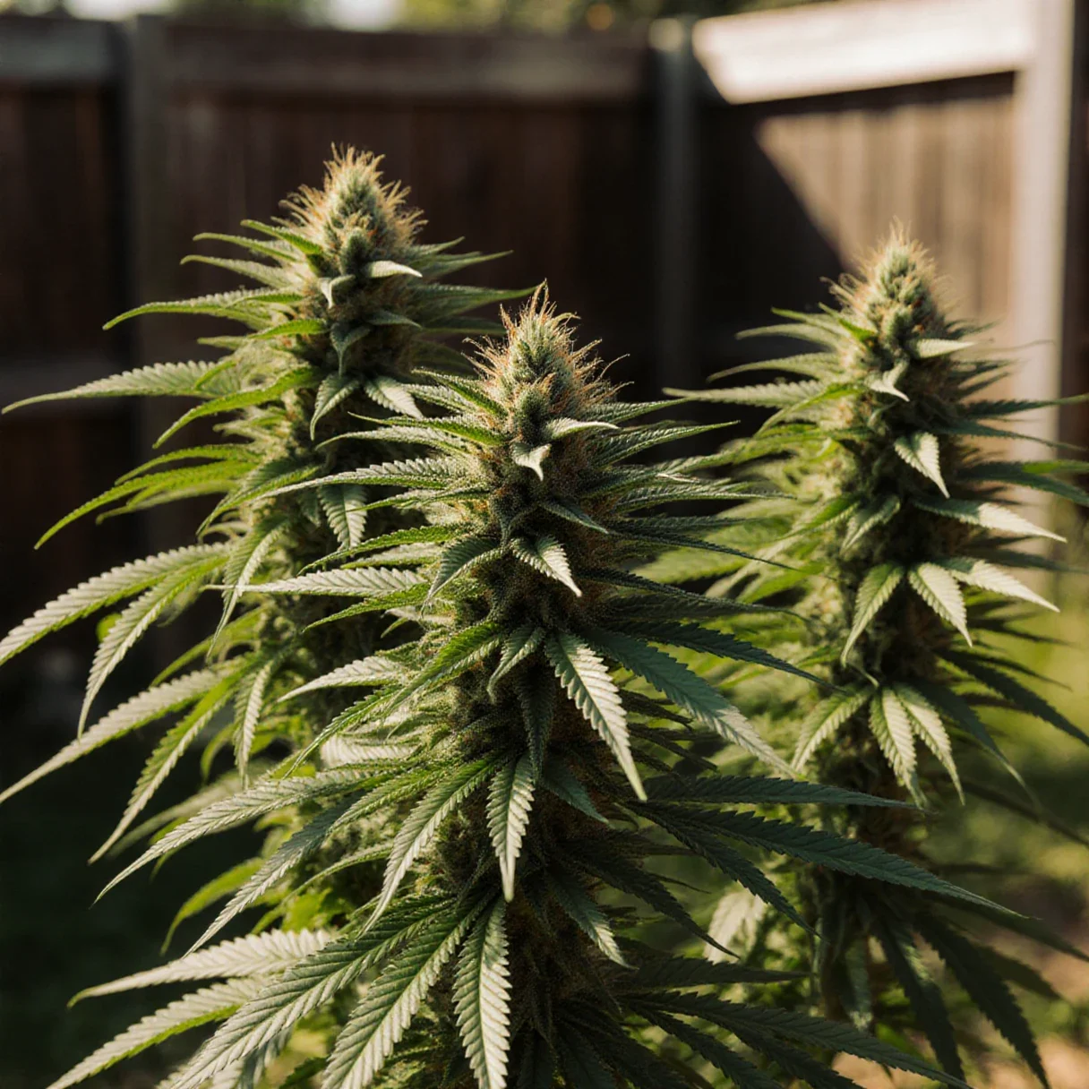 Outdoor cannabis plants in full sun moving in the wind on a hot day
