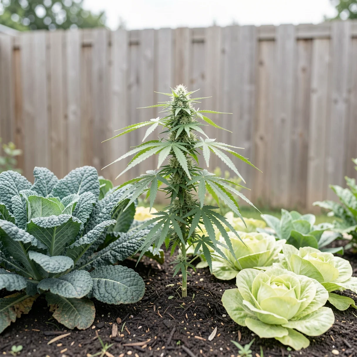 A knee-high autoflowering cannabis plant growing outdoors among garden foliage in summer