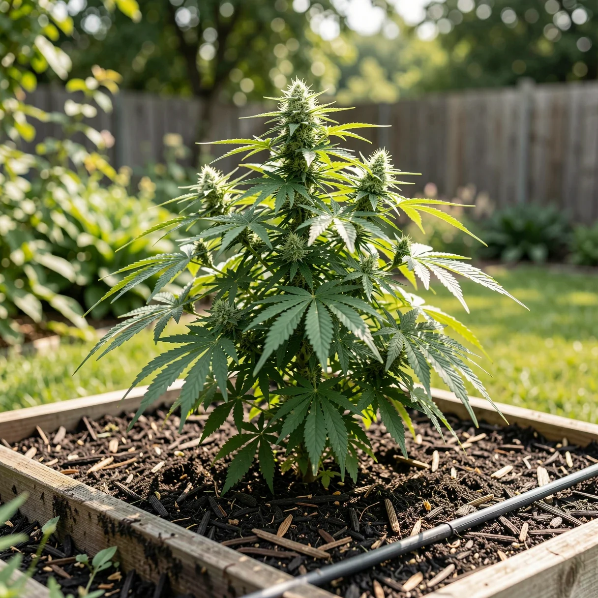 A vigorous outdoor cannabis plant growing in rich living soil where mycorrhizae thrive