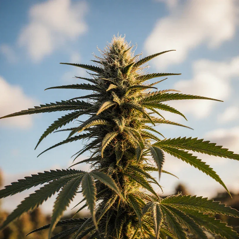 Outdoor cannabis plant in early flowering stage