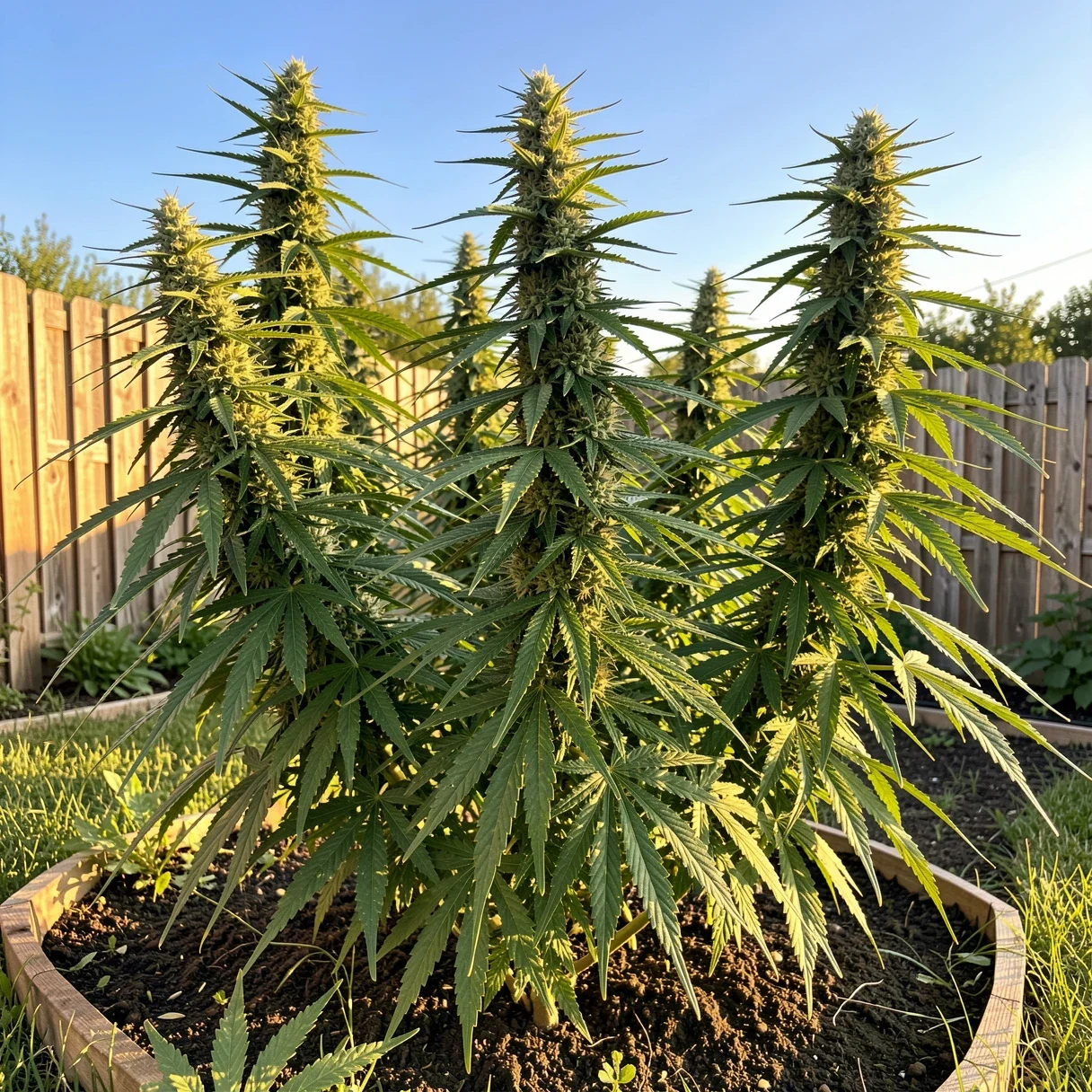 Large outdoor cannabis plants growing in a sunny backyard garden in late summer