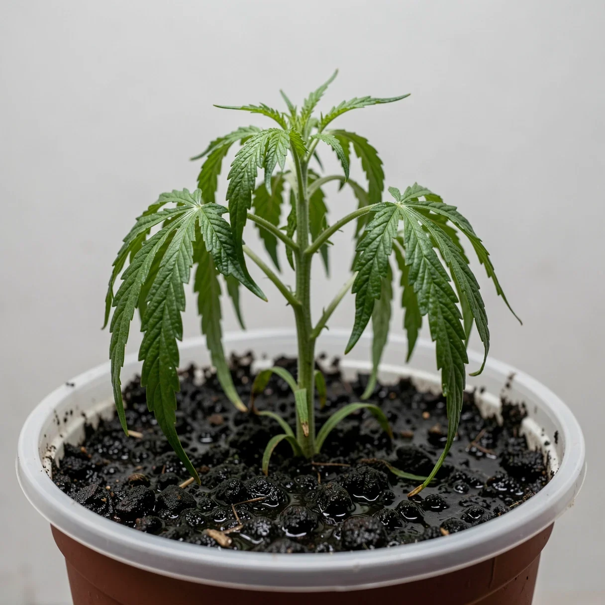 A cannabis plant with drooping, curled leaves in a wet pot showing classic overwatering symptoms