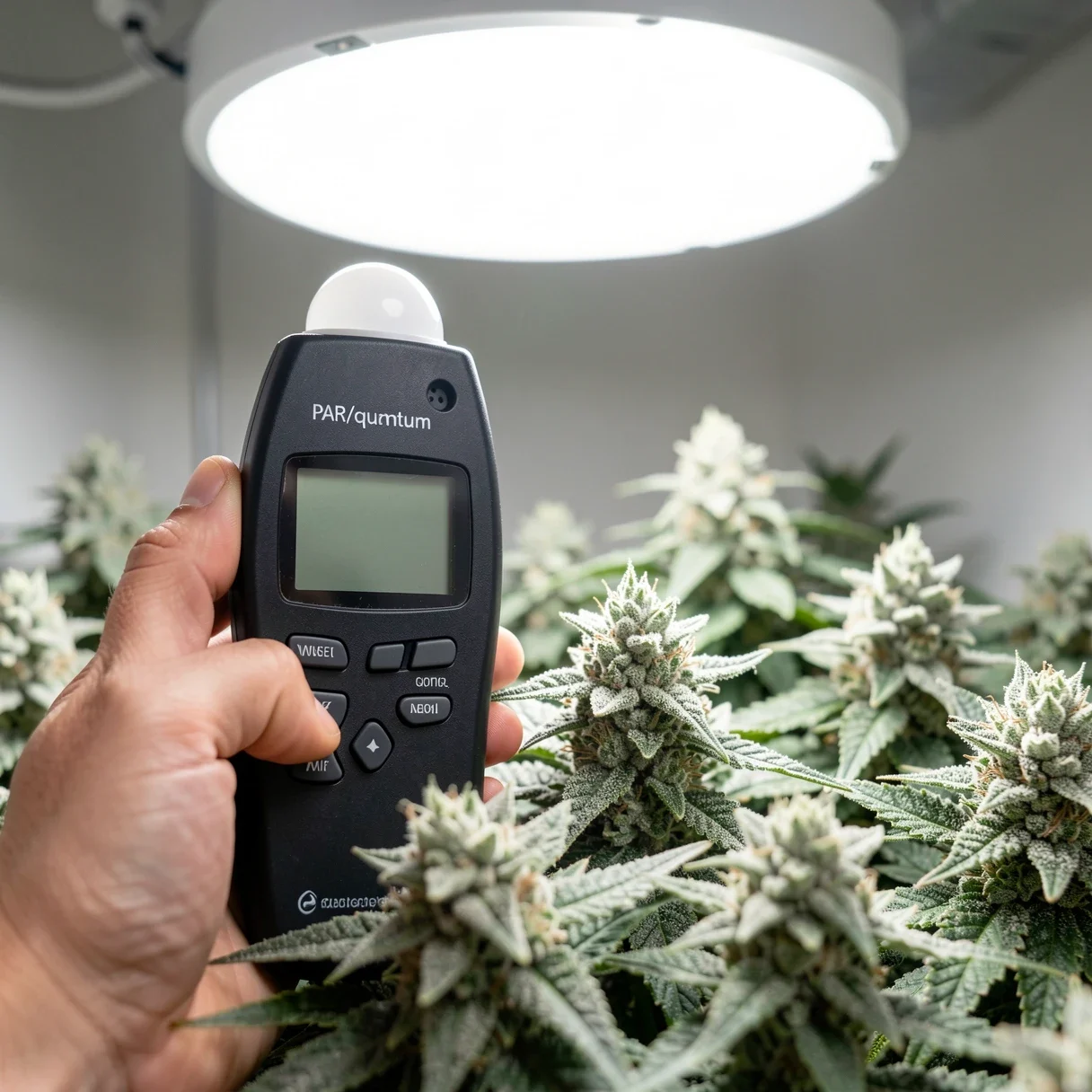 Measuring PPFD over a cannabis canopy with a handheld PAR quantum meter to check light intensity