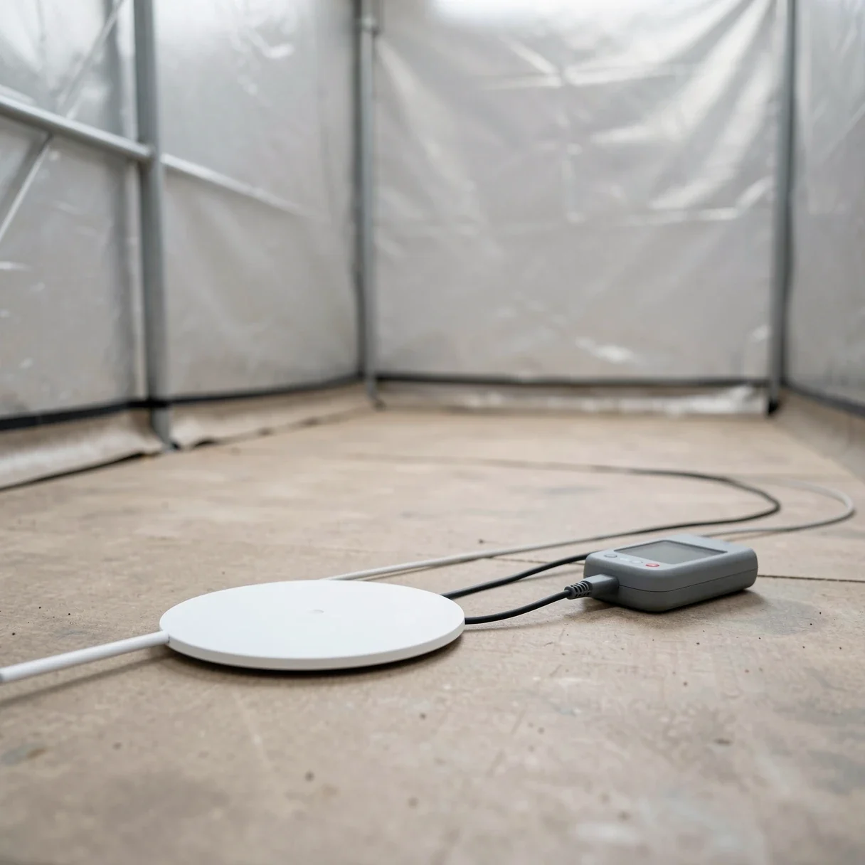 PAR meter on the floor of an empty grow tent measuring light intensity at a set height