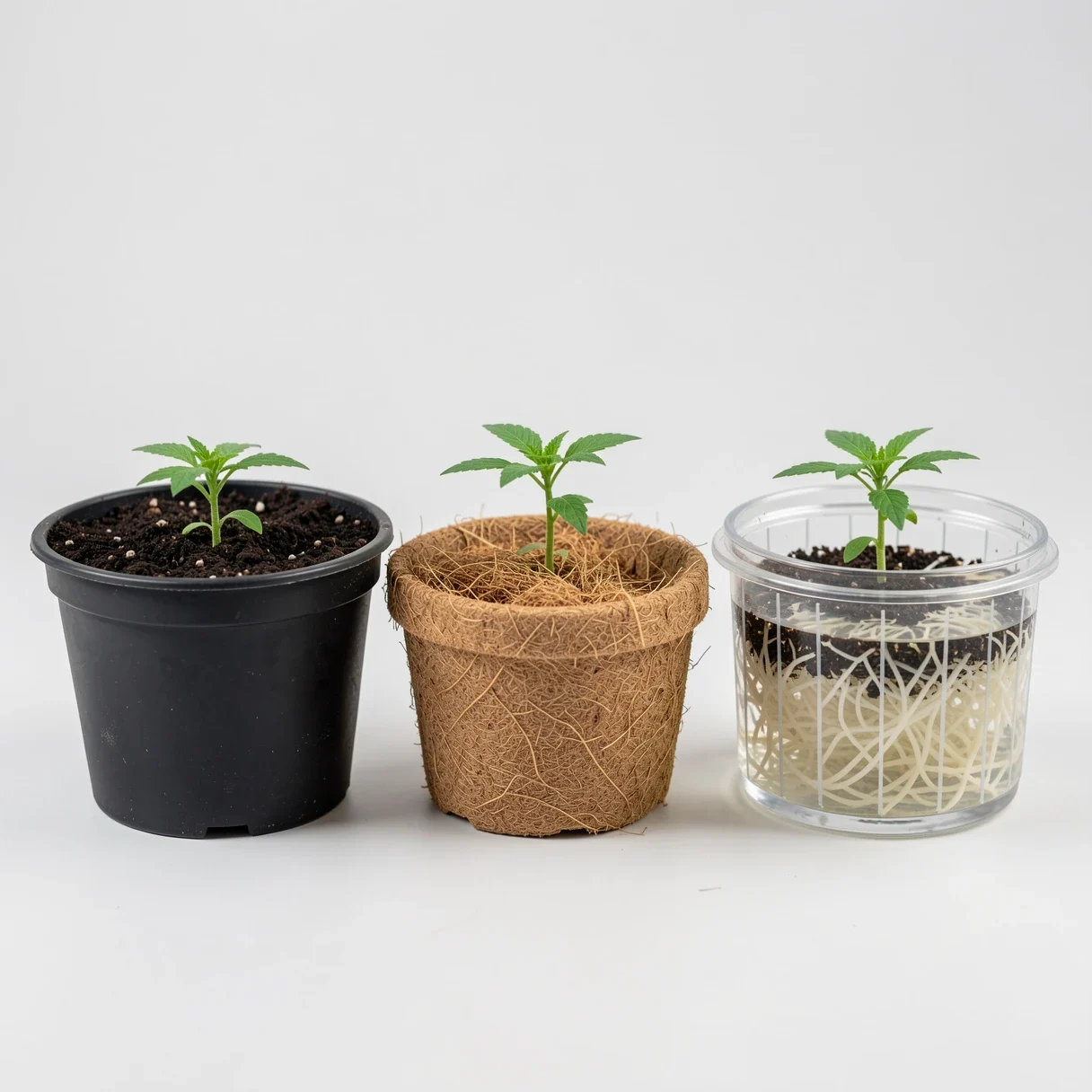 Three cannabis grow setups side by side — soil pot, coco coir, and a hydroponic reservoir