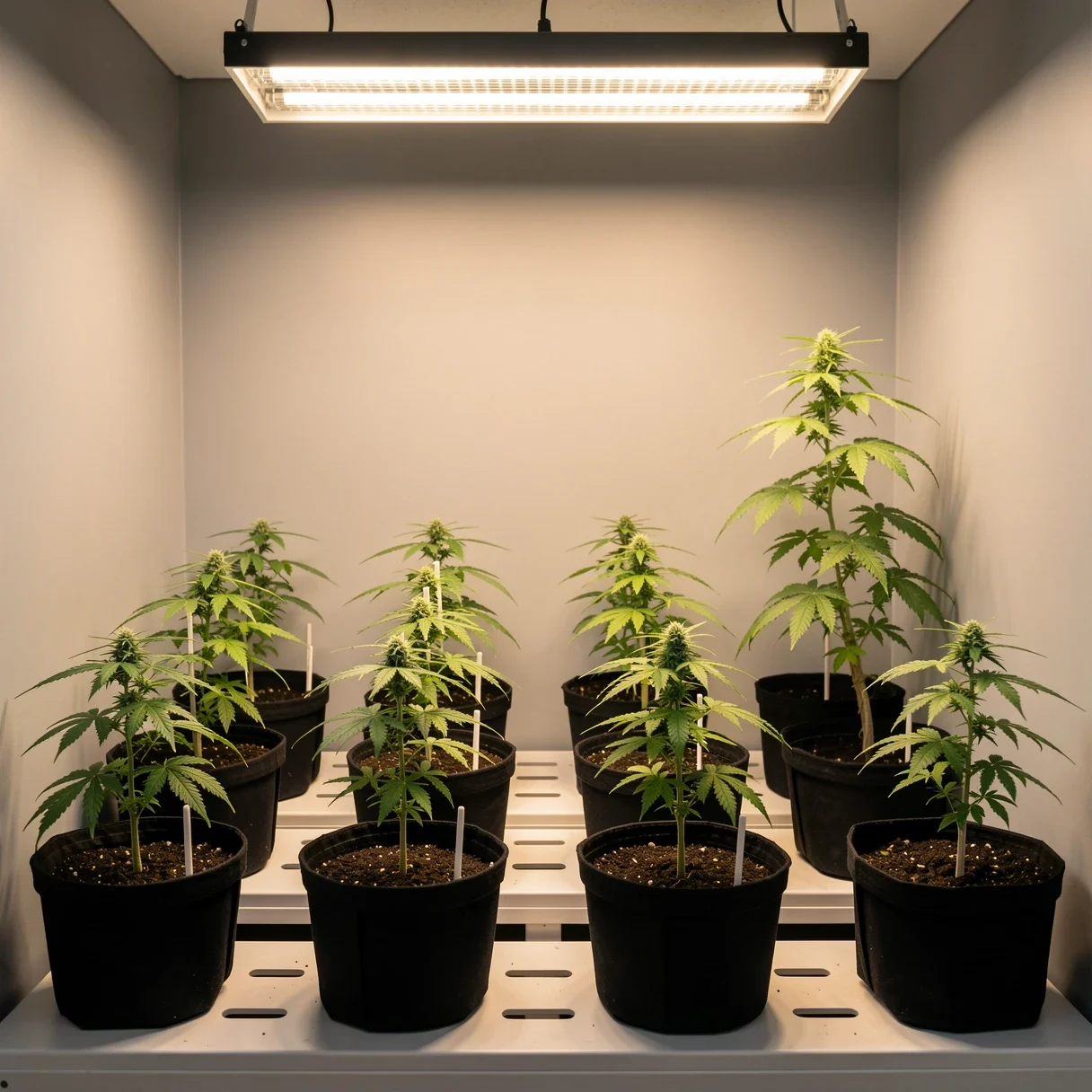 Rows of young cannabis plants in a pheno hunting selection room under grow lights