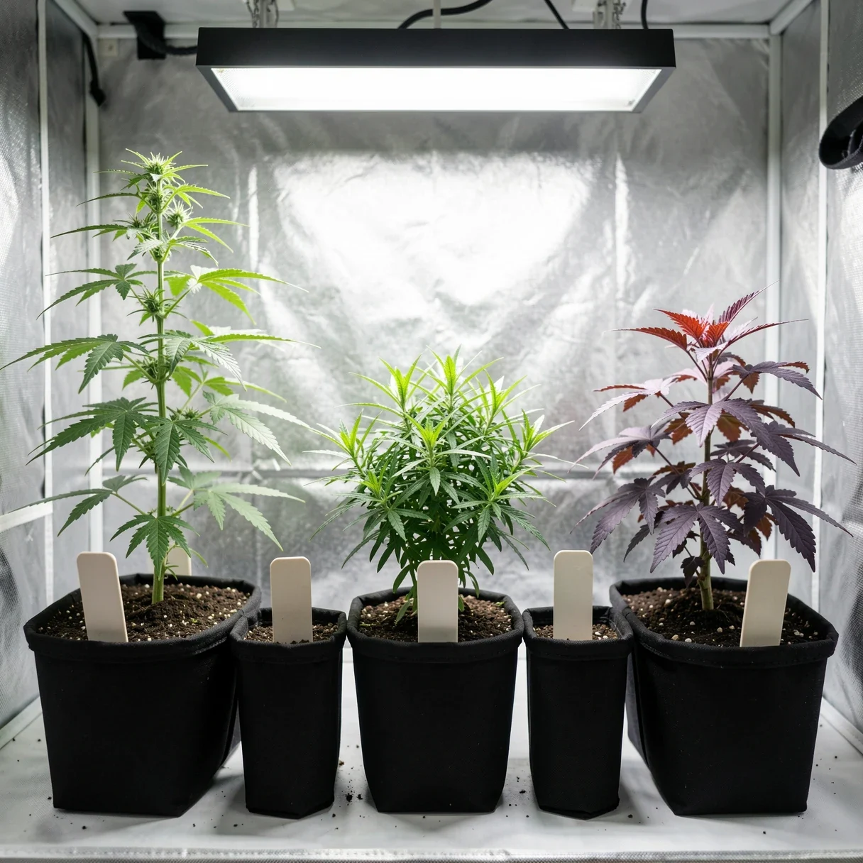 Phenotype hunting in action — a row of labeled cannabis plants showing different growth structures