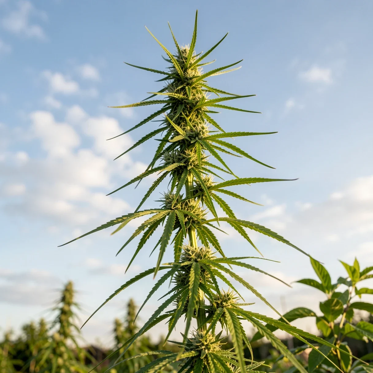 A tall sativa-structure CBD cannabis plant growing outdoors against an open sky