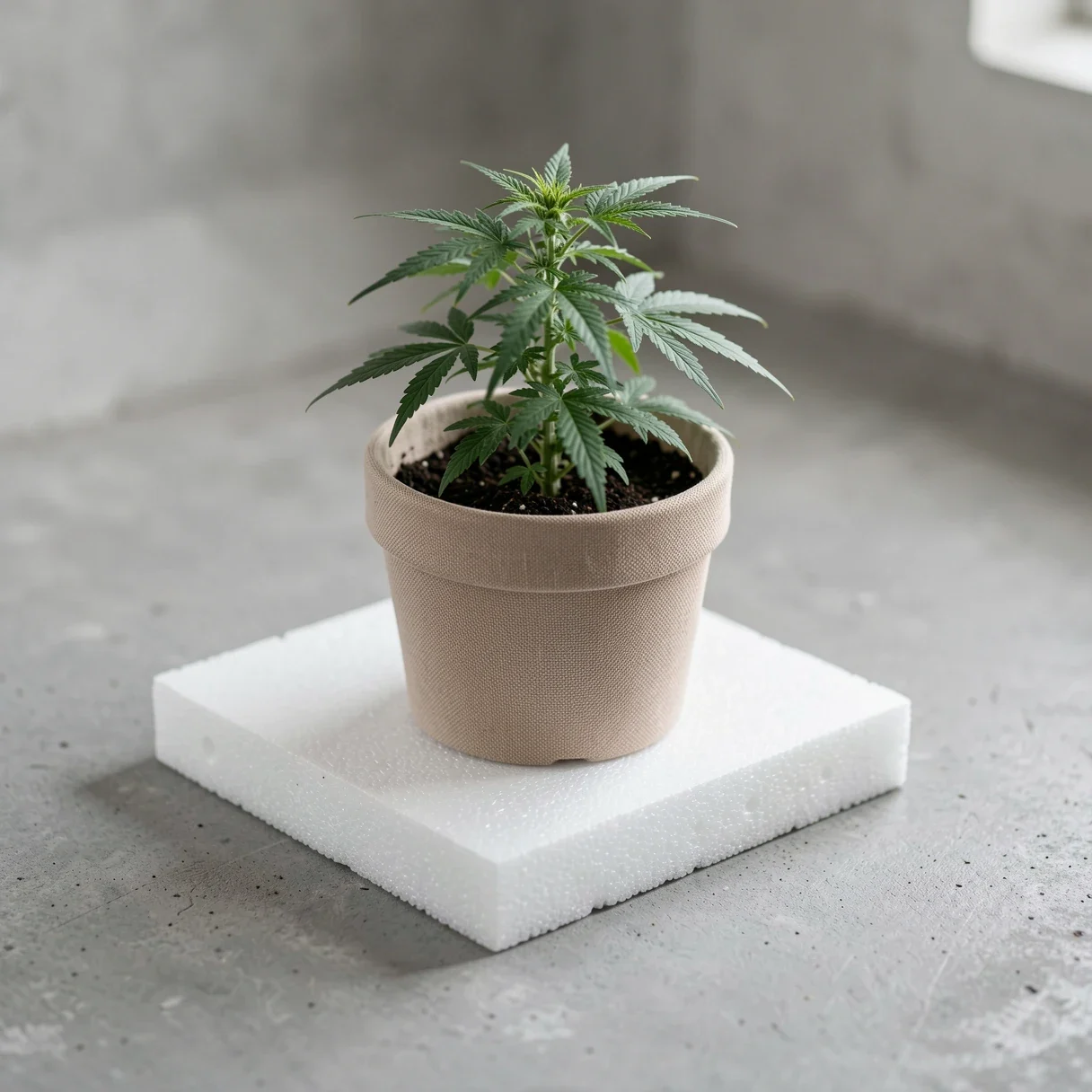 A fabric pot raised on an insulation board off a cold concrete floor to keep root zone temperature up