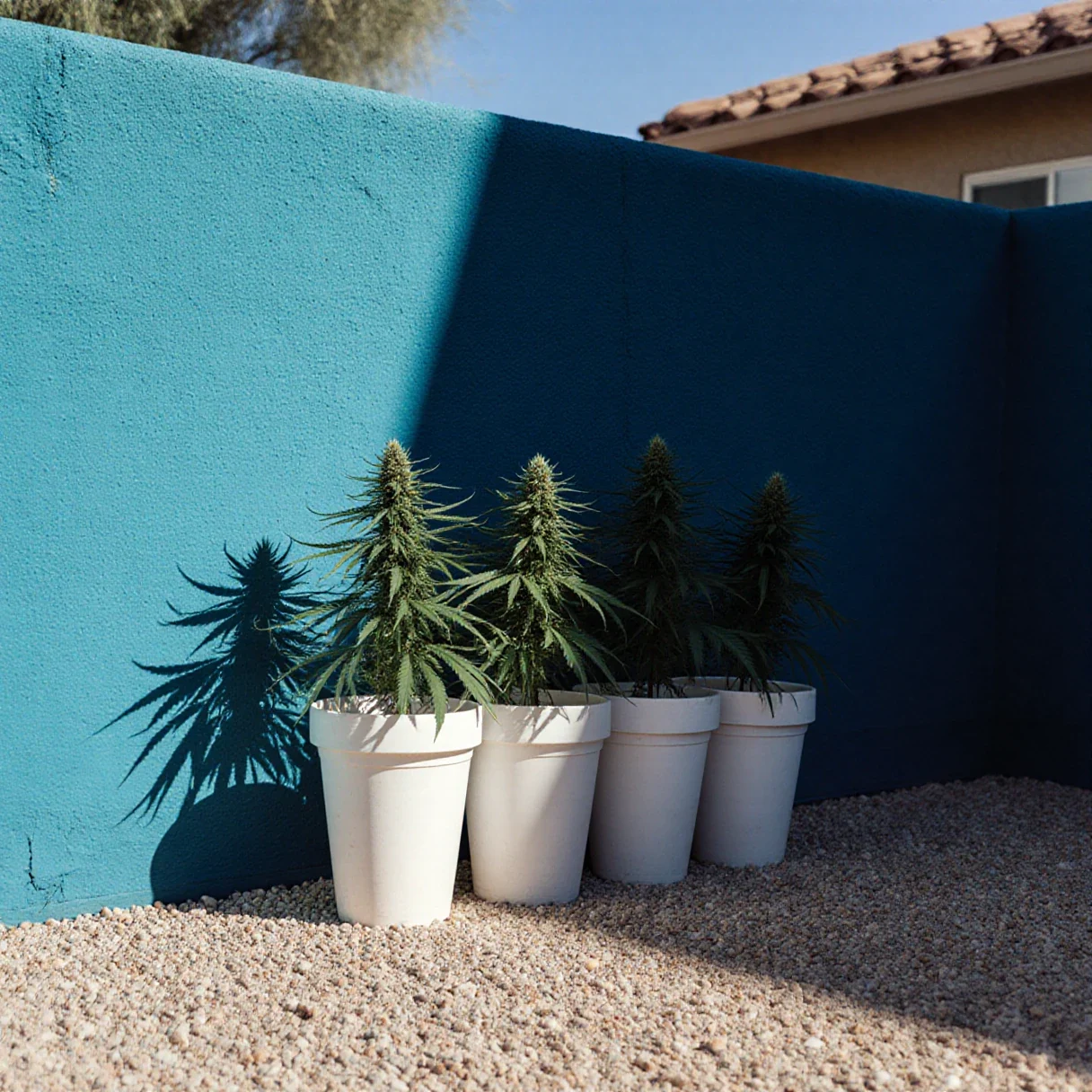 White grow pots with cannabis plants grouped closely together against a garden wall in a hot desert backyard