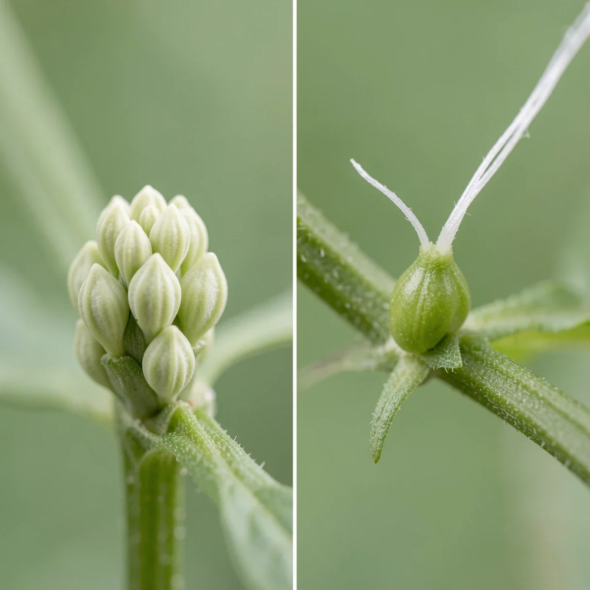Male vs female cannabis plant pre-flowers compared side by side at the node