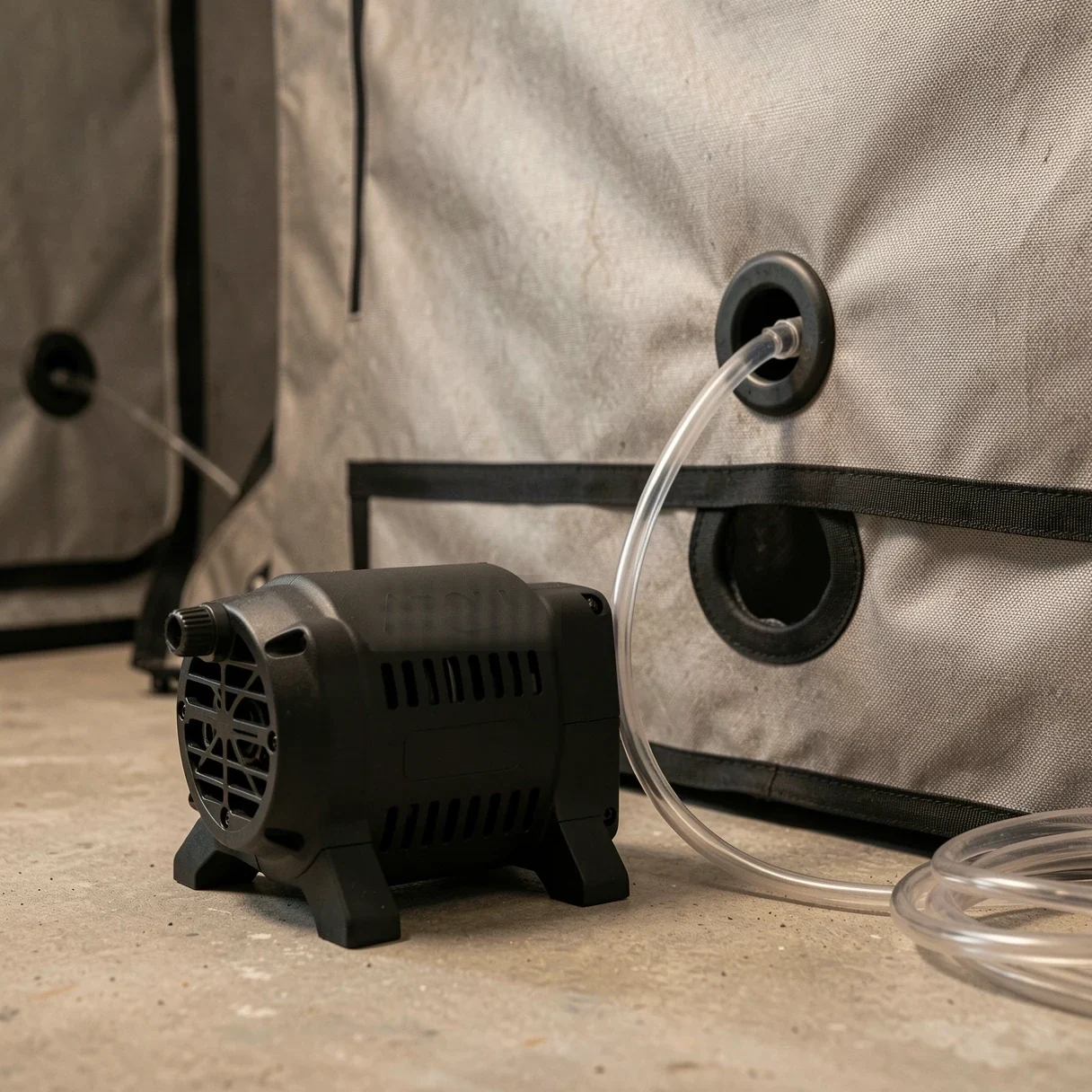 An air pump sitting on the floor outside a grow tent with clear airline tubing running in through a port