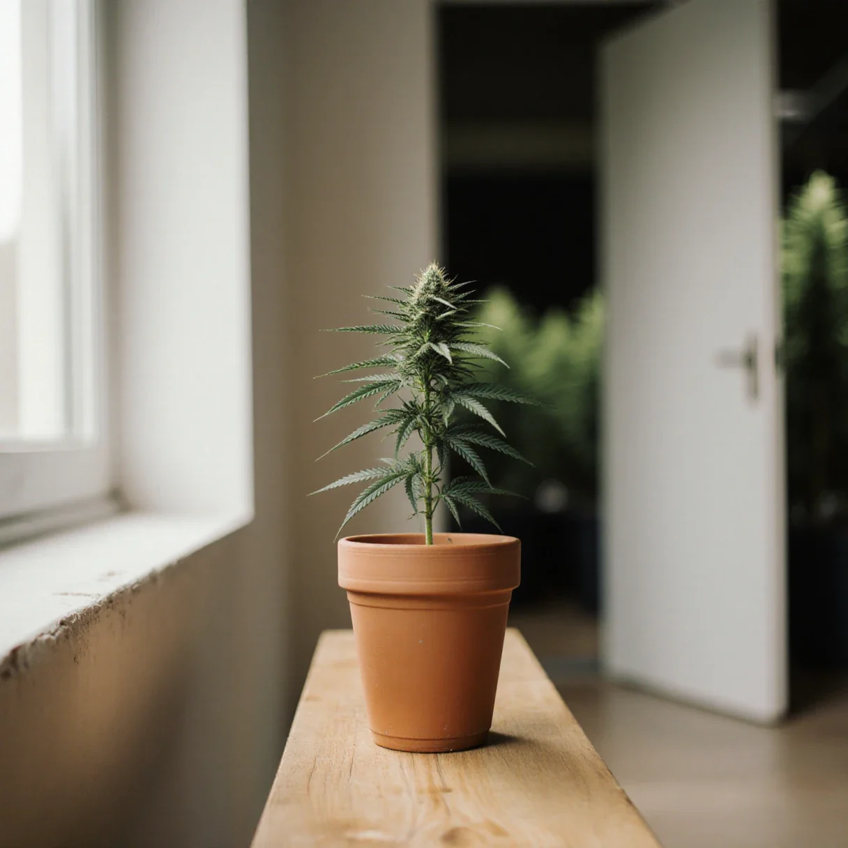 A young cannabis plant isolated on a separate bench away from the main grow as a quarantine step