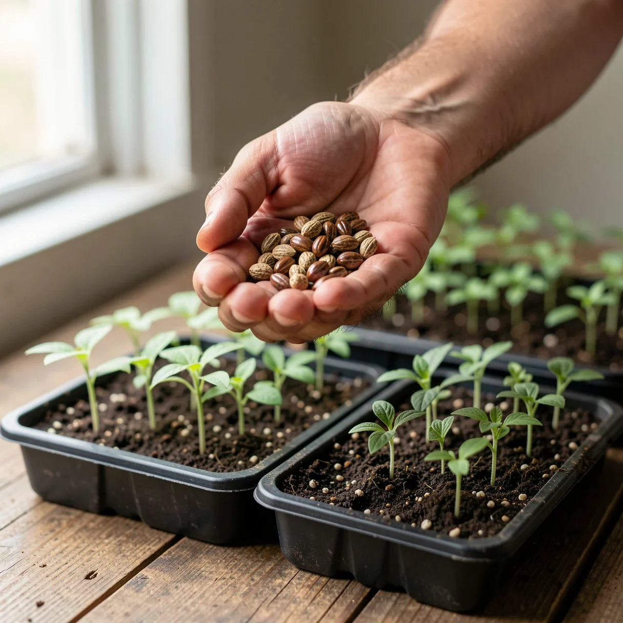 Regular cannabis seeds in a breeder's palm above labeled seedling trays