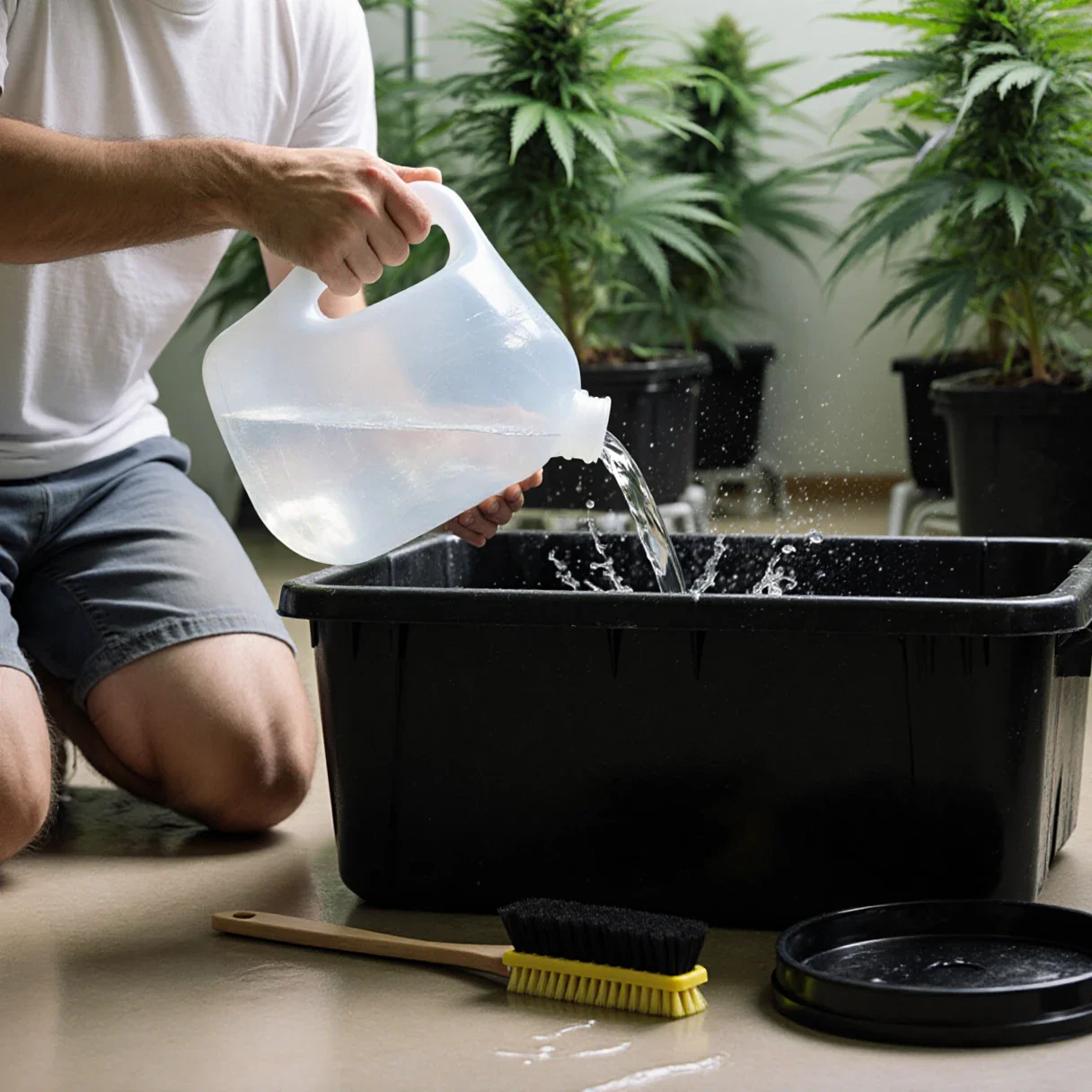 A grower refilling a clean black hydroponic reservoir tub with fresh water in a grow room