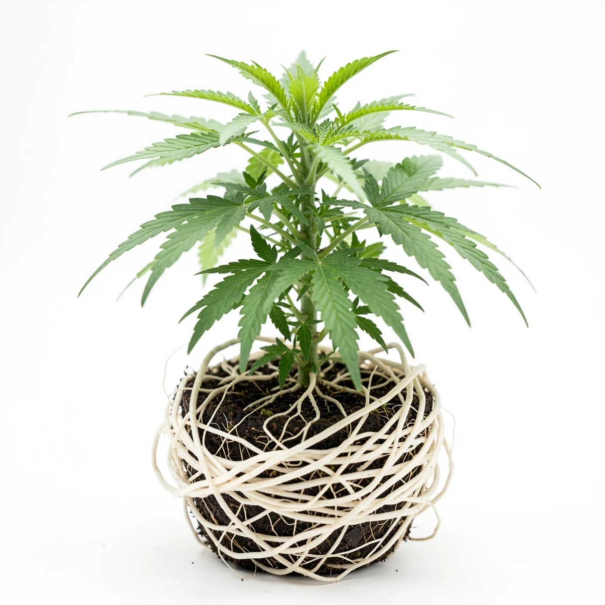 Root-bound cannabis plant with dense white roots wrapped around the outside of the root ball