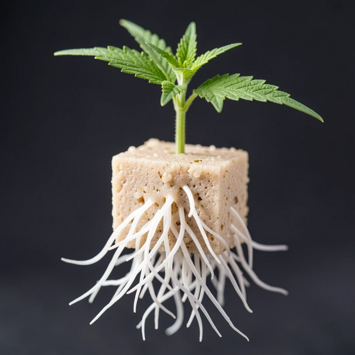 A rooted cannabis clone with white roots emerging from a rockwool cube
