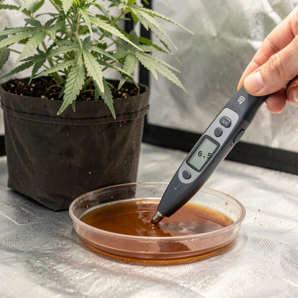 Testing the pH of runoff water collected from the bottom of a cannabis pot