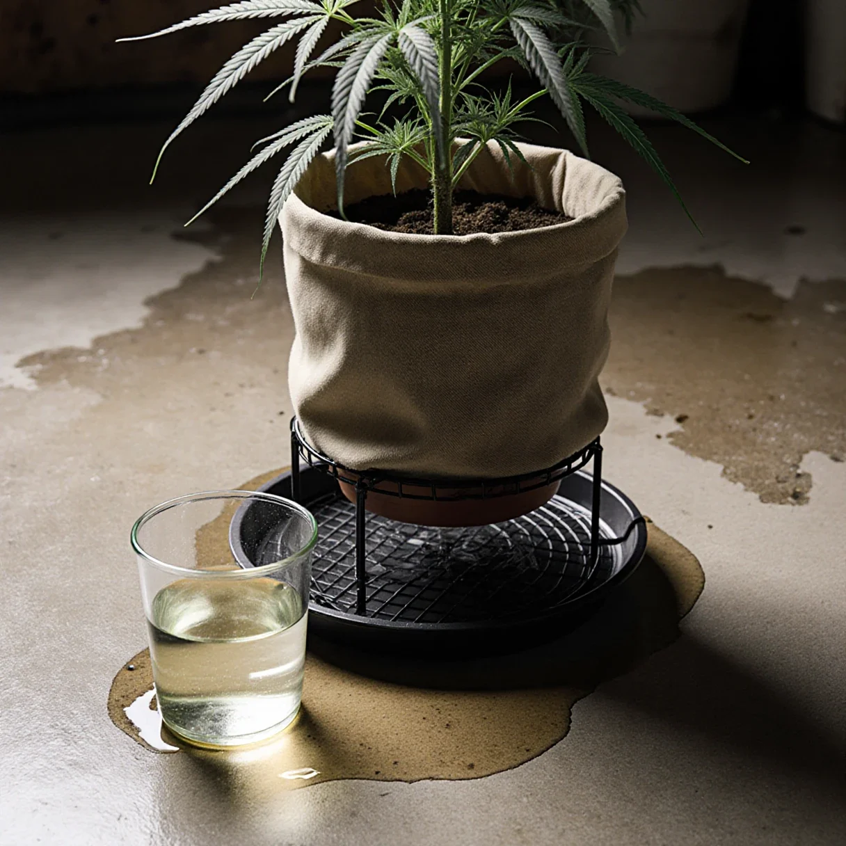 A grower collecting runoff water in a shallow tray beneath a fabric pot of cannabis