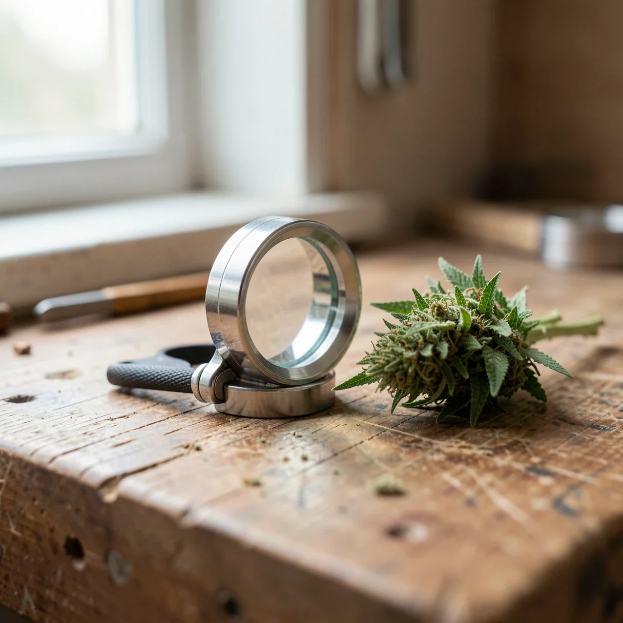 A jeweler's loupe on a wooden workbench beside a flowering cannabis bud, ready for checking buds for male flowers