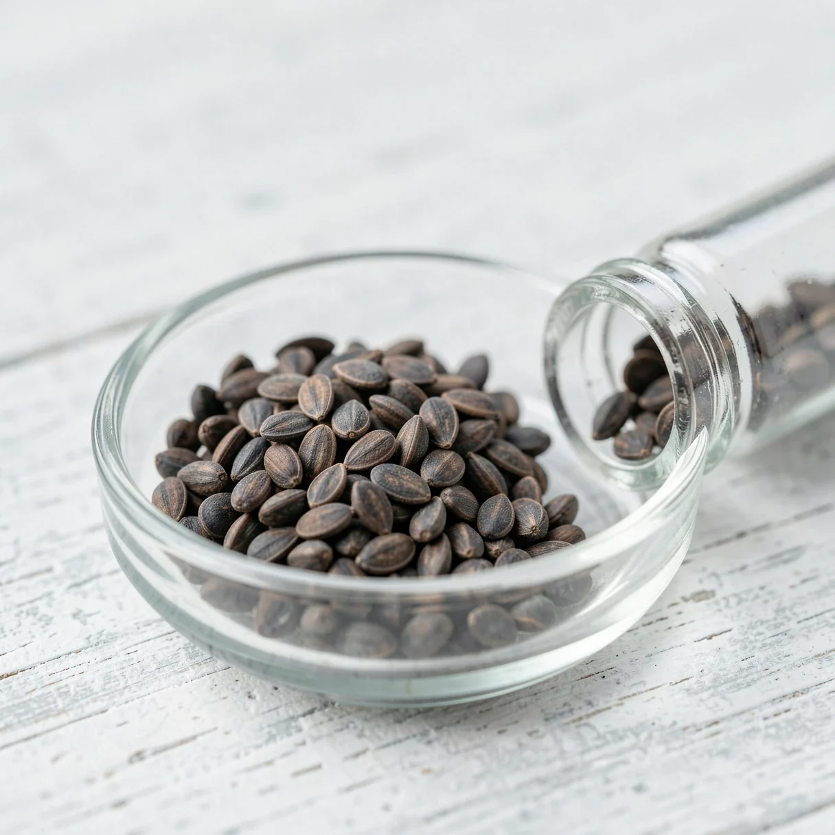 A small handful of cannabis seeds in a glass dish and storage vial on a dark surface
