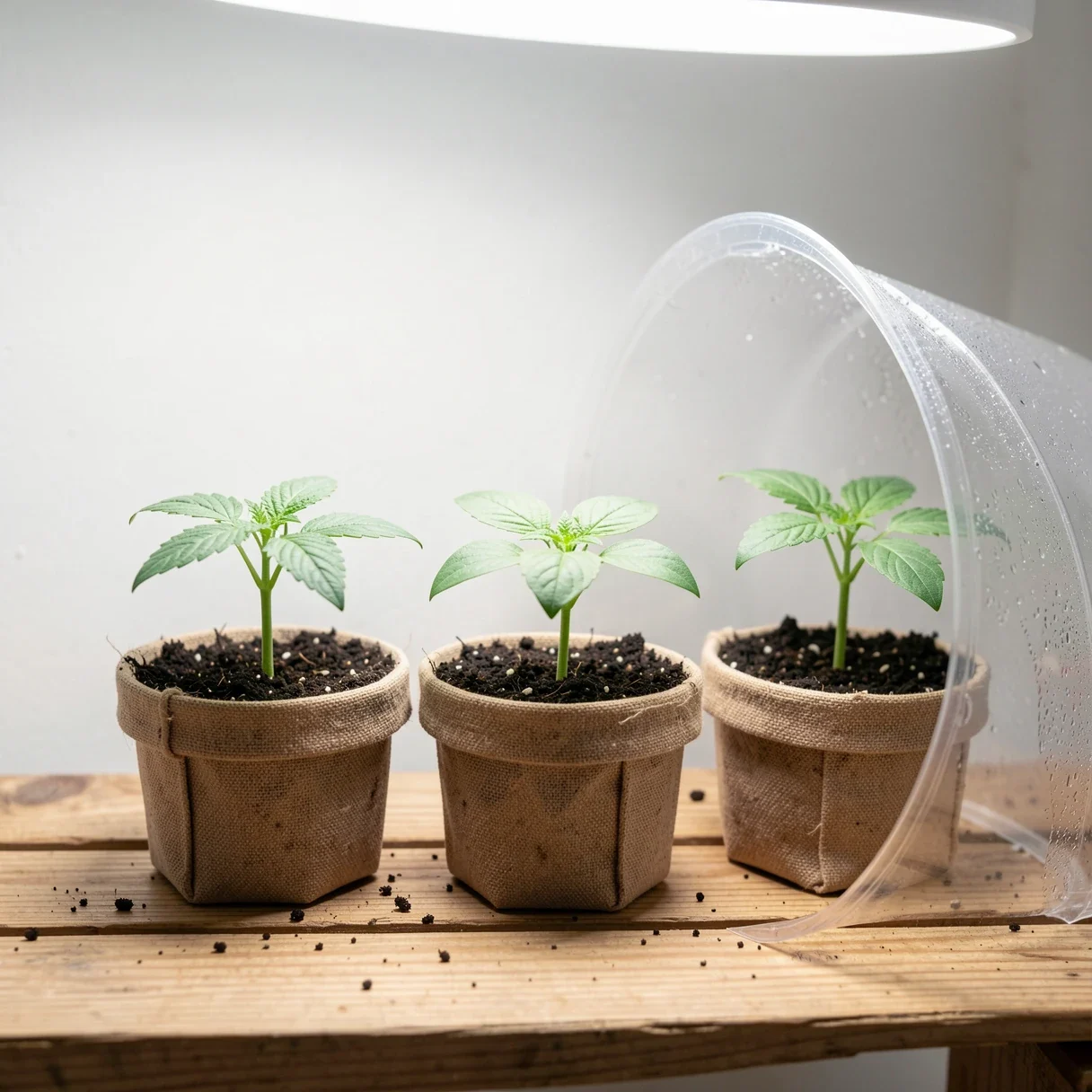 Young cannabis seedlings in small pots under soft grow light, started from CBD cannabis seeds