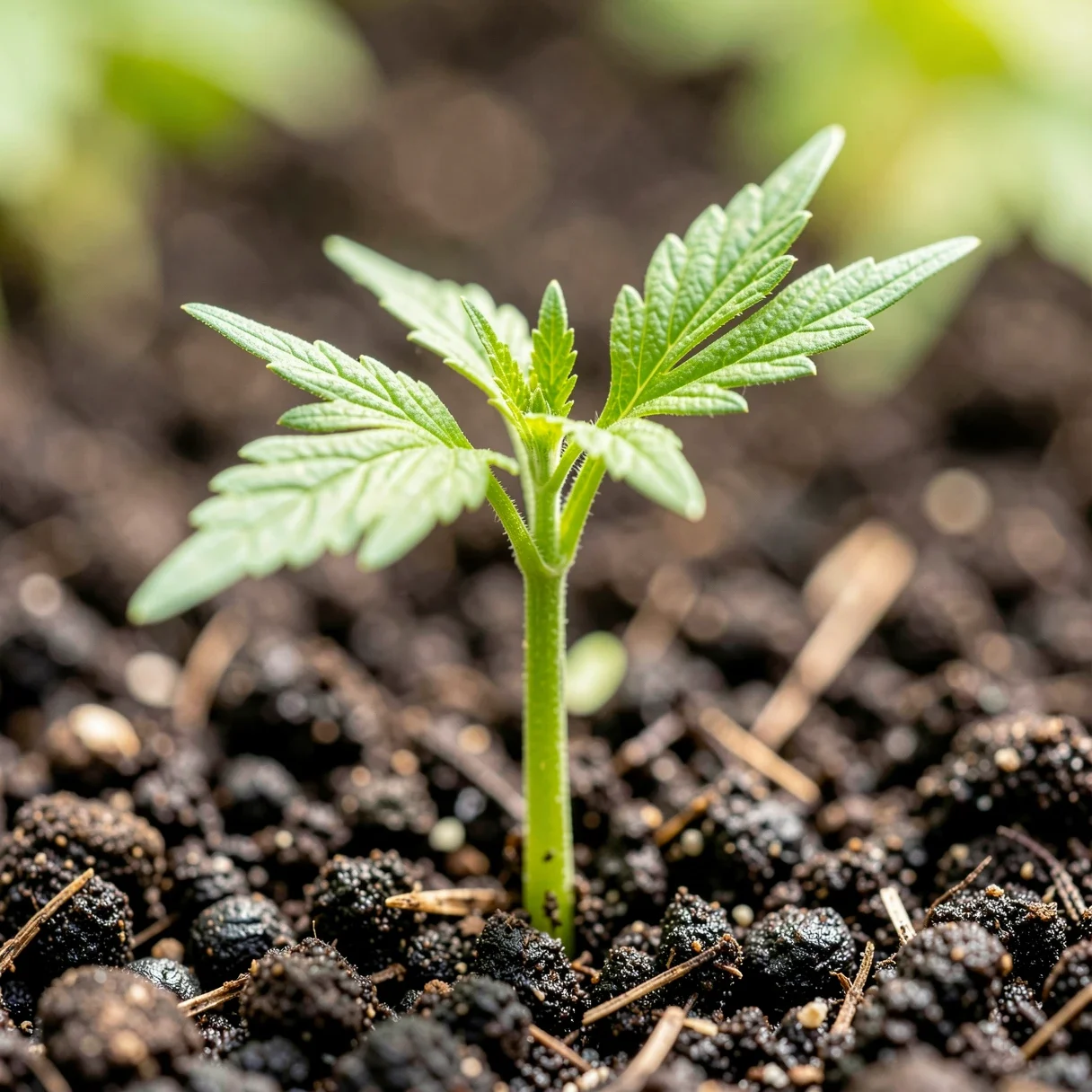 A healthy cannabis seedling with its first set of leaves emerging from soil
