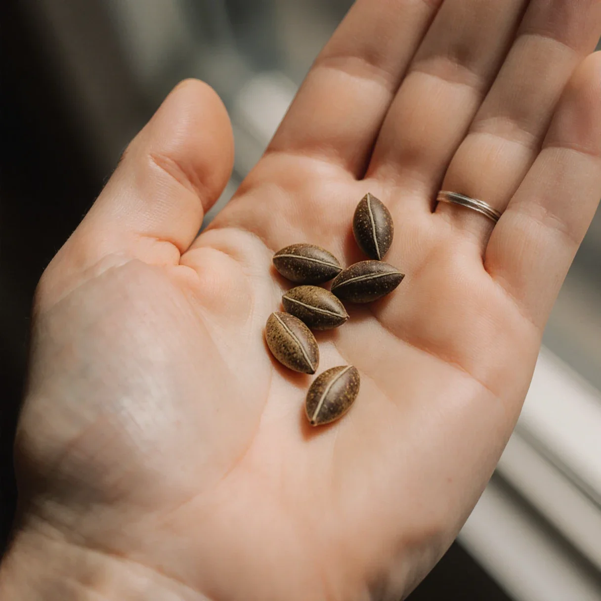 Close-up of mature cannabis seeds in an open palm showing glossy brown coats and a pale seam