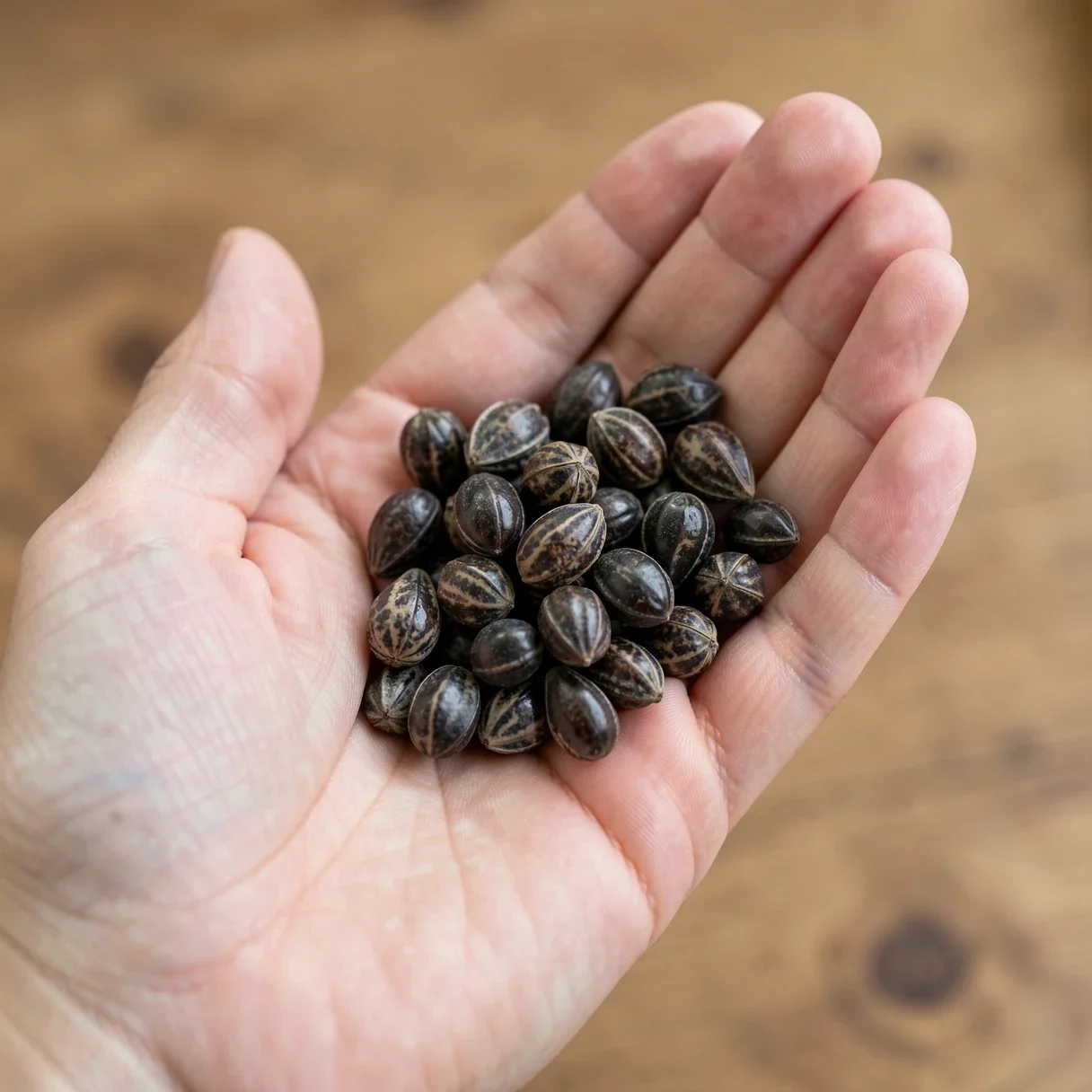 A cupped hand holding several cannabis seeds, ready to plant