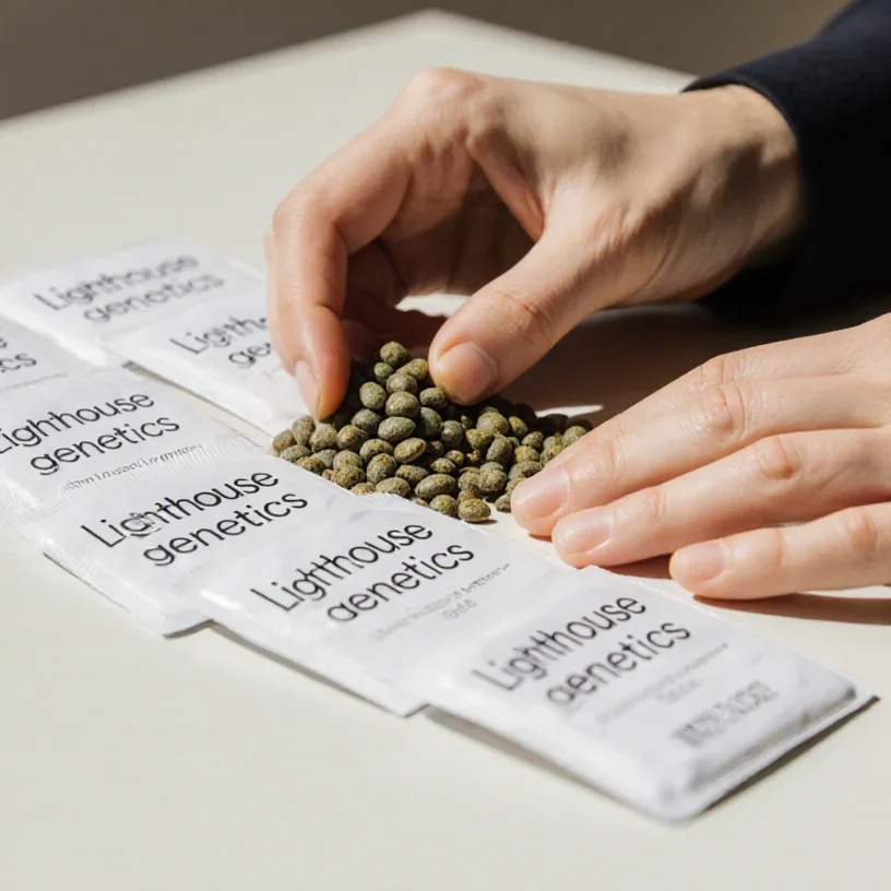 Selecting cannabis seeds from Lighthouse Genetics seed packets