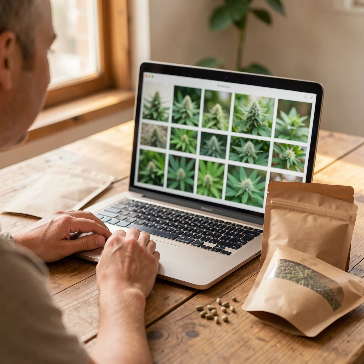 A person browsing cannabis seeds by effect on a laptop with seed packs nearby