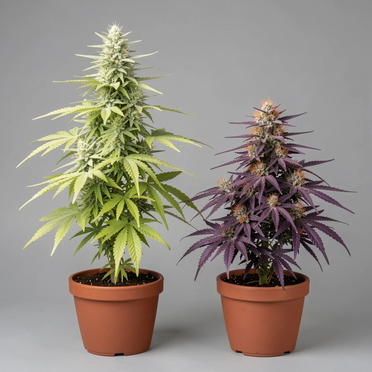 Two sibling cannabis plants from the same seed pack showing different phenotype expression