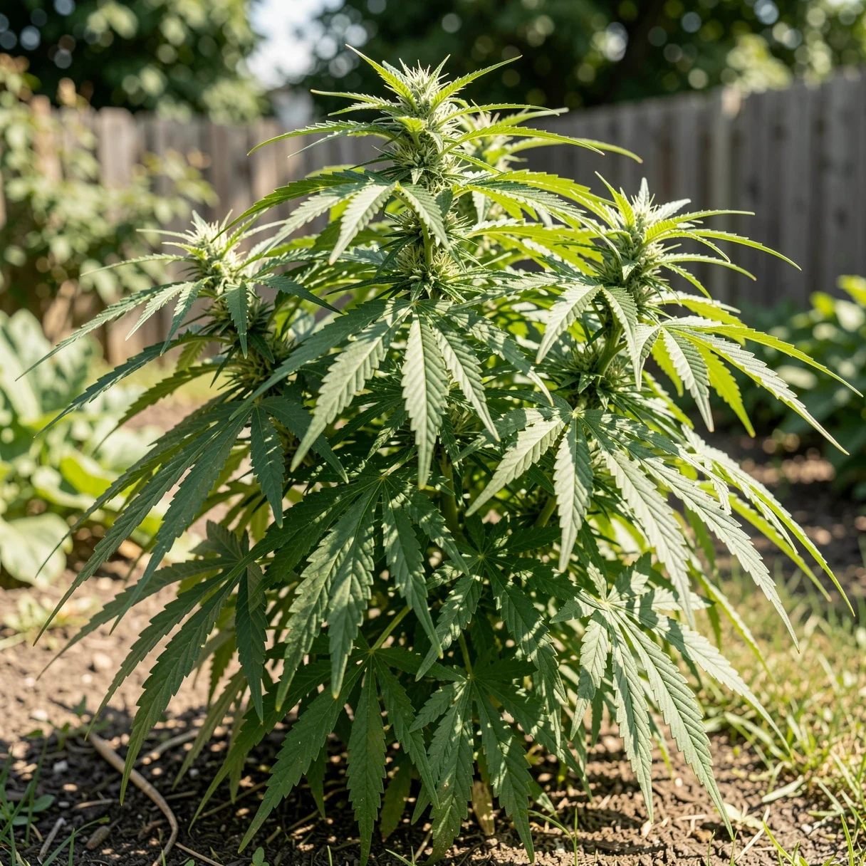 A classic skunk-family cannabis plant growing outdoors, representing the old-school roots behind many cannabis strain names