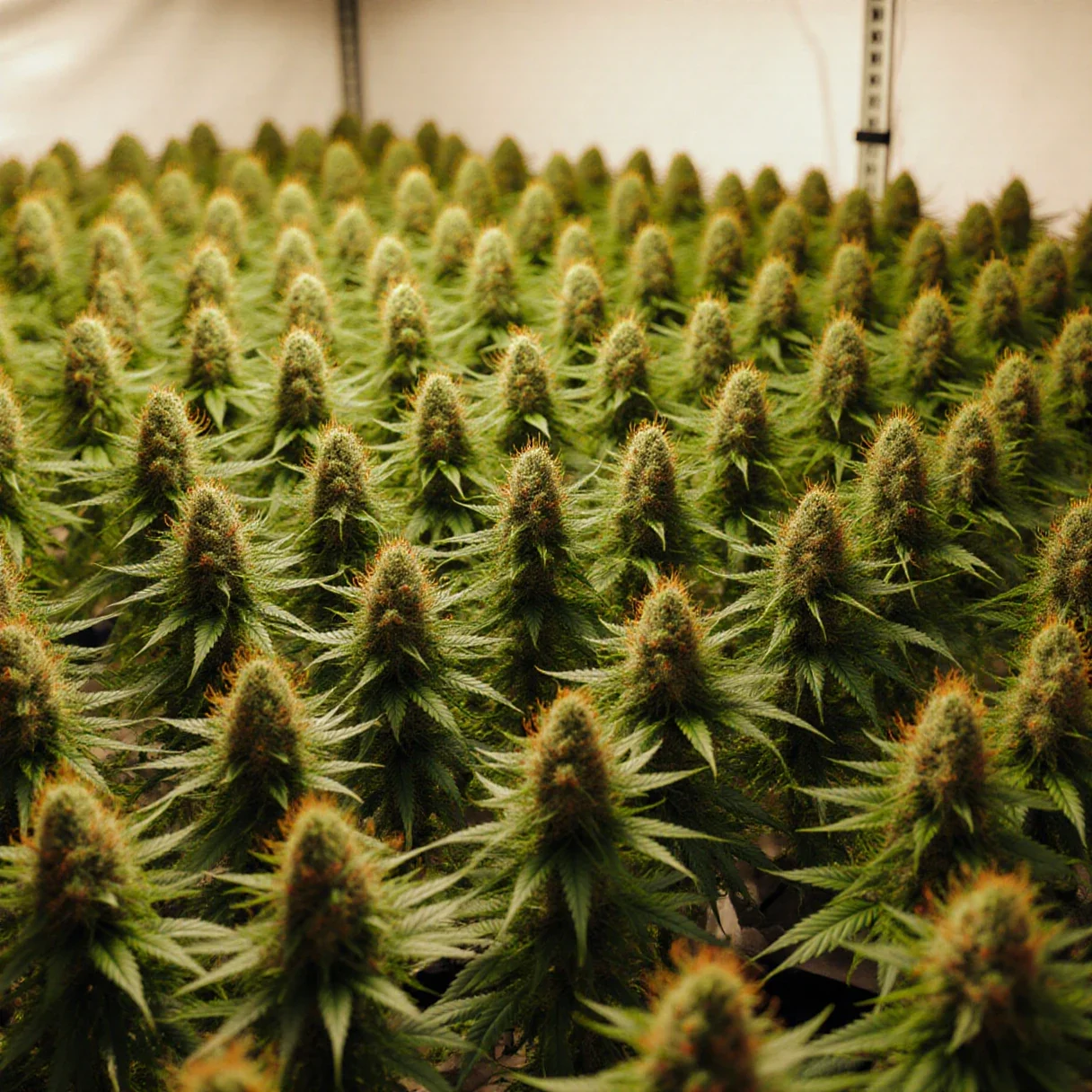 Sea of green canopy of many small cannabis plants grown as one continuous carpet of tops