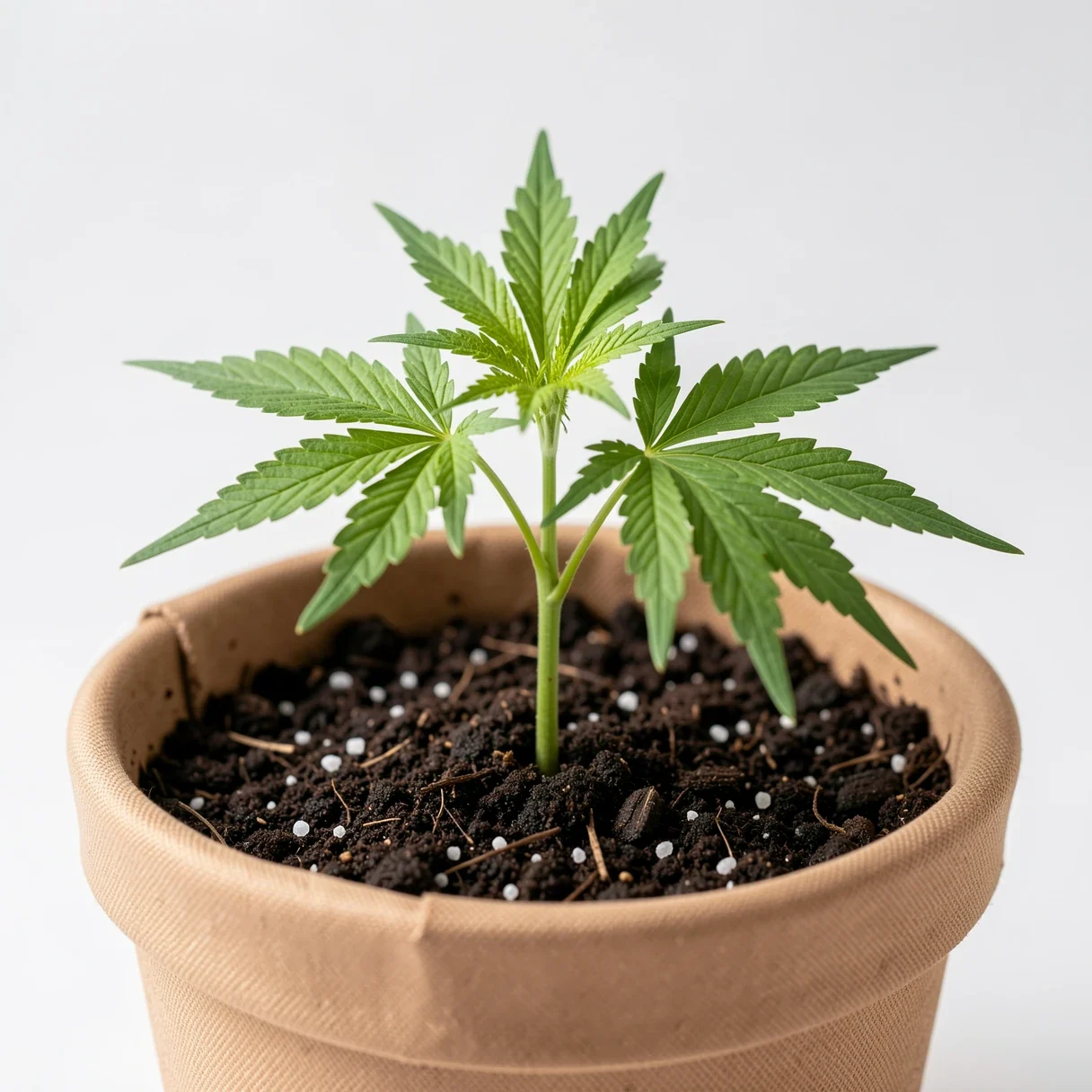 Healthy young cannabis plant in dark organic soil in a fabric pot