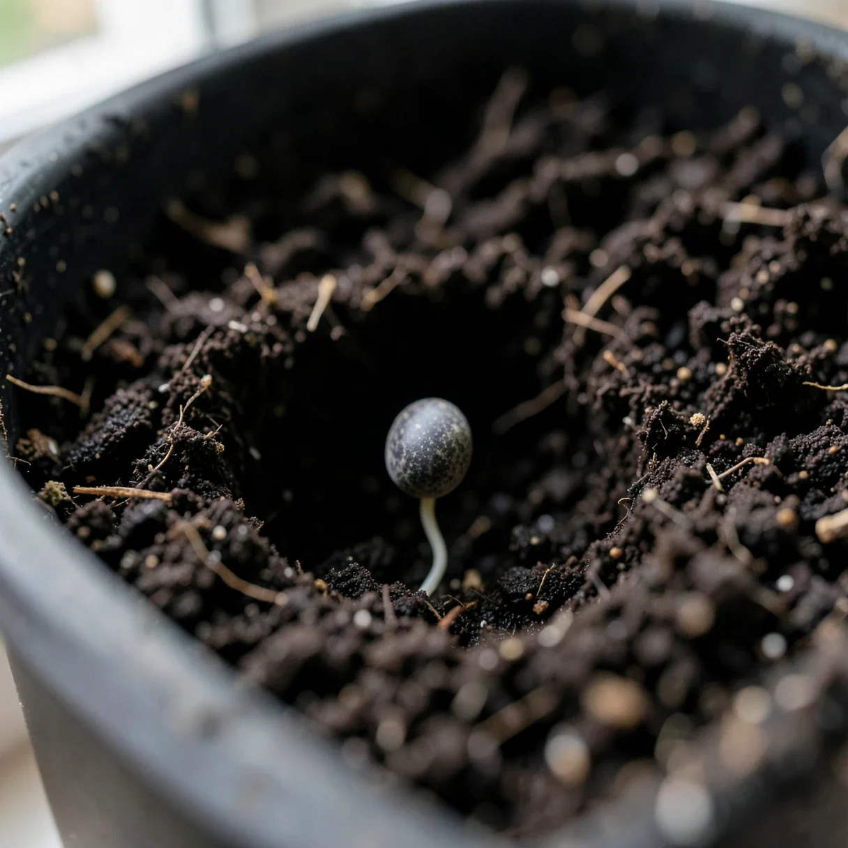 A germinated cannabis seed with a short white root resting in a shallow hole in moist soil