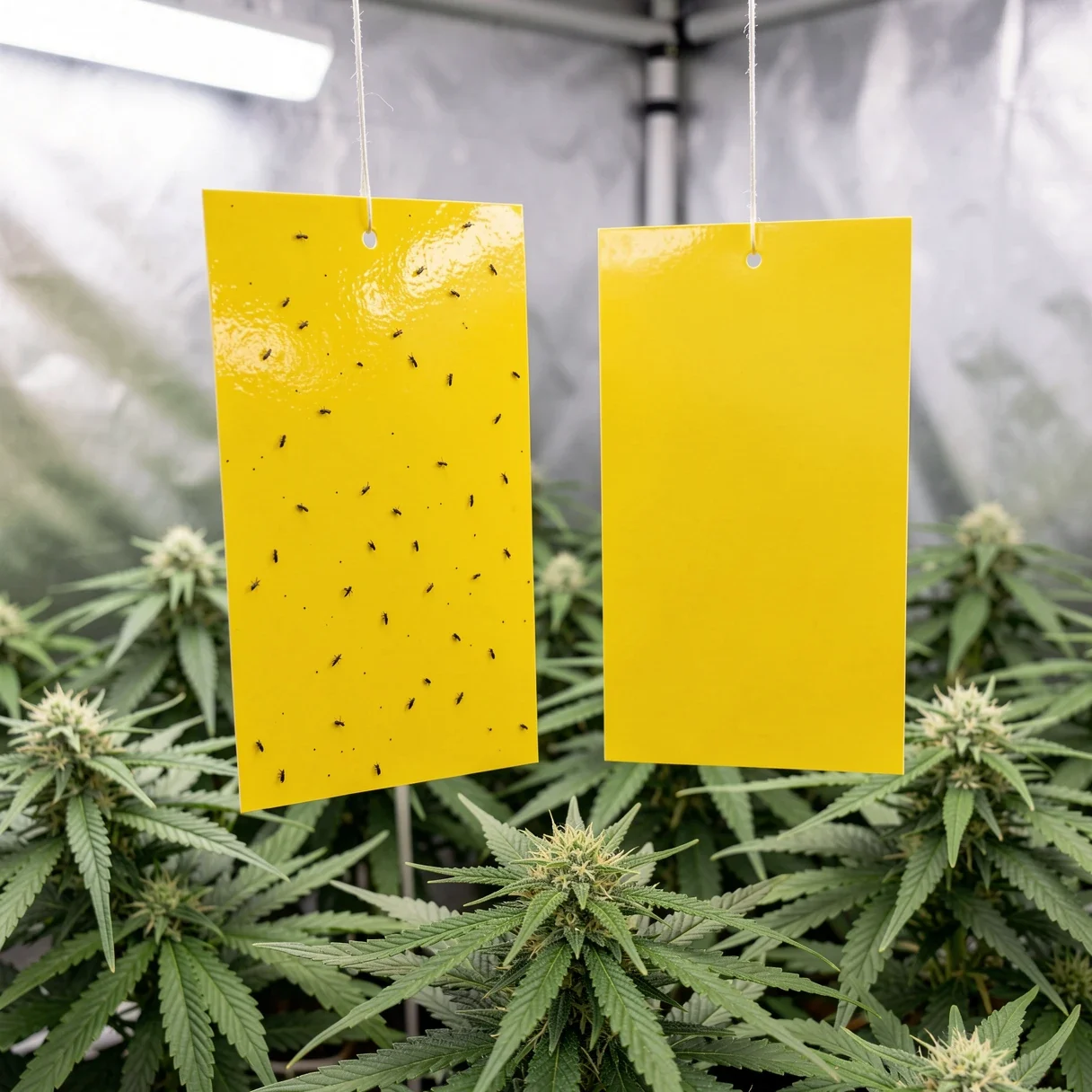 Yellow sticky traps hanging above a healthy cannabis canopy to monitor for cannabis pests