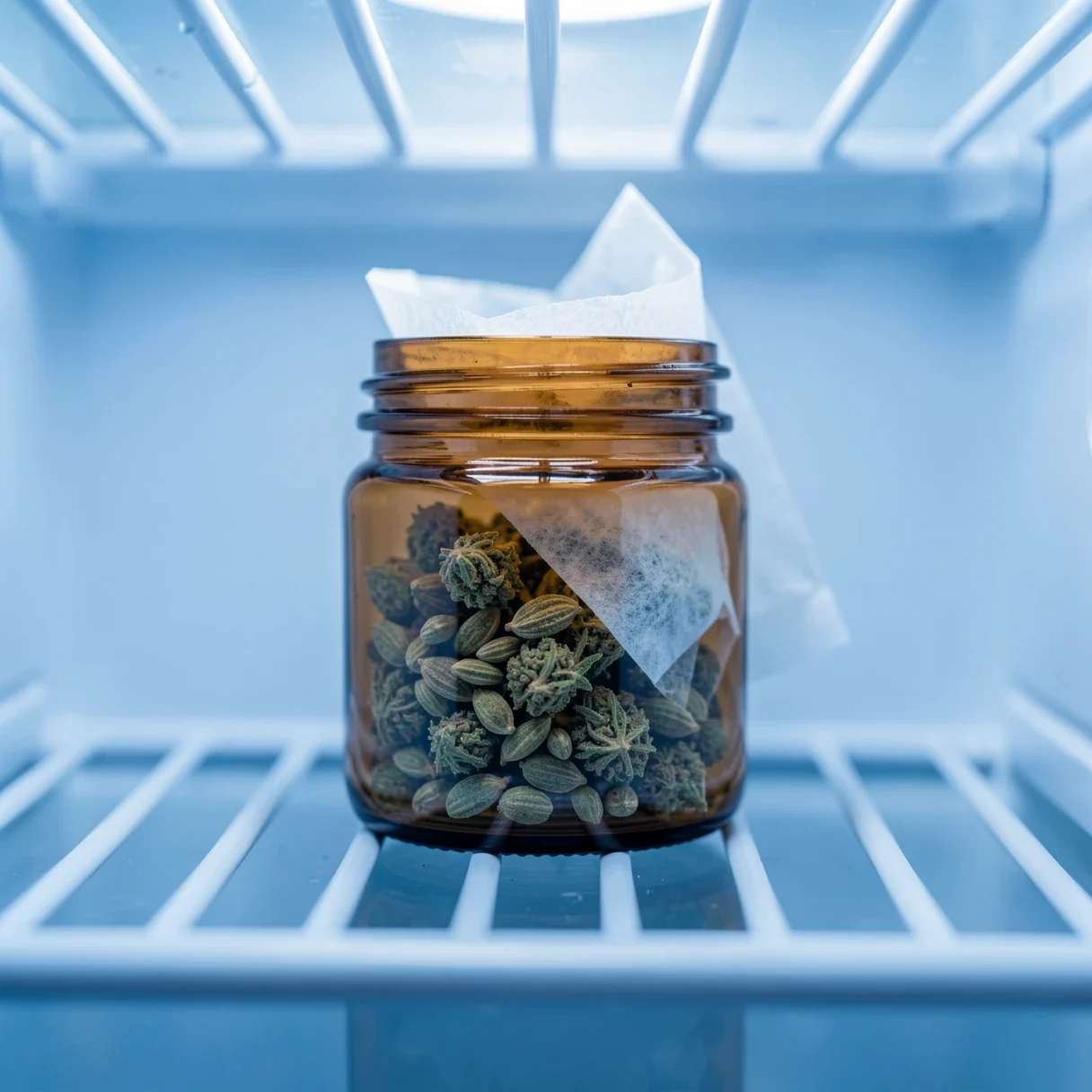 Cannabis seeds stored in a sealed glass jar inside a refrigerator for long-term keeping