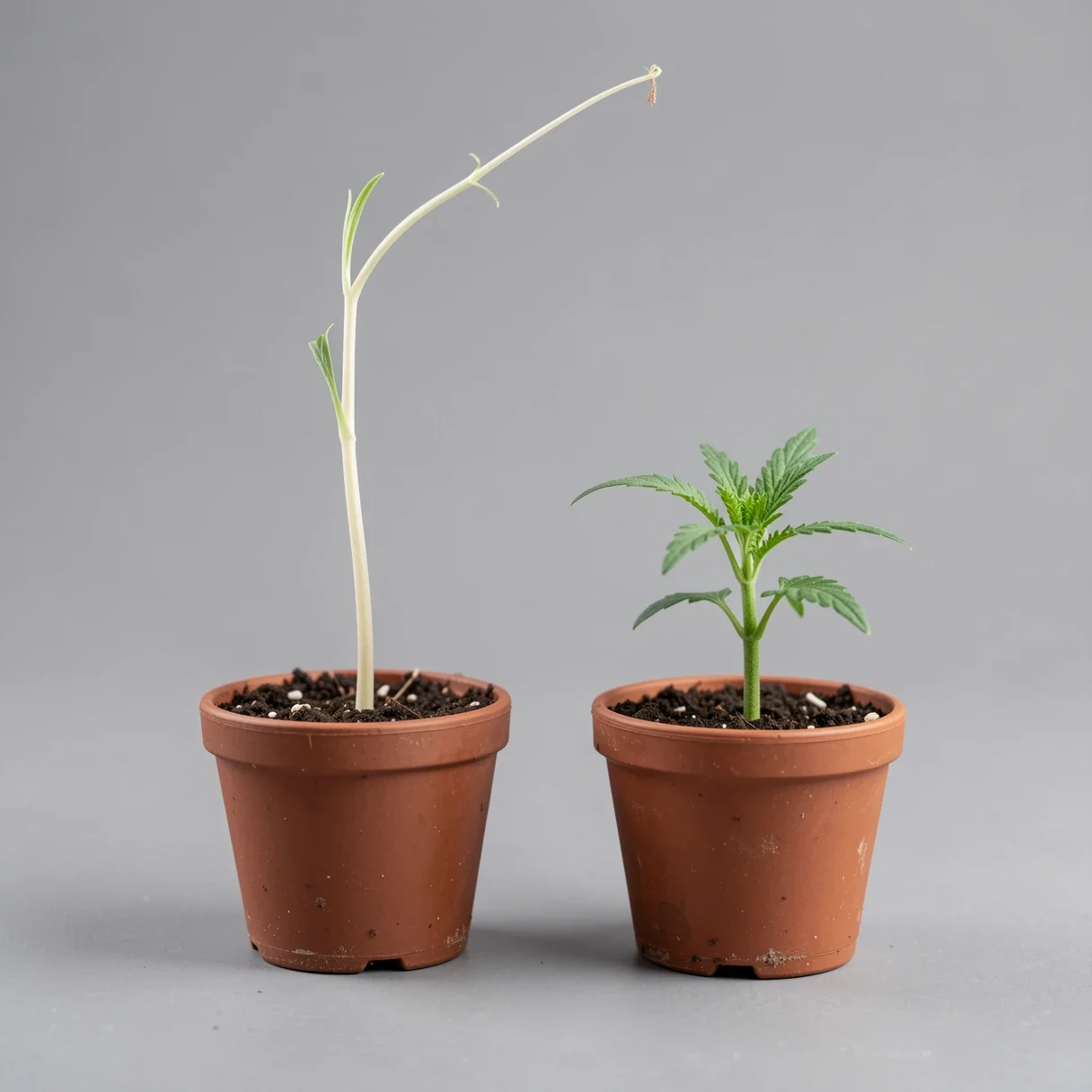 A stretched, leggy cannabis seedling with a long thin stem next to a short sturdy healthy one
