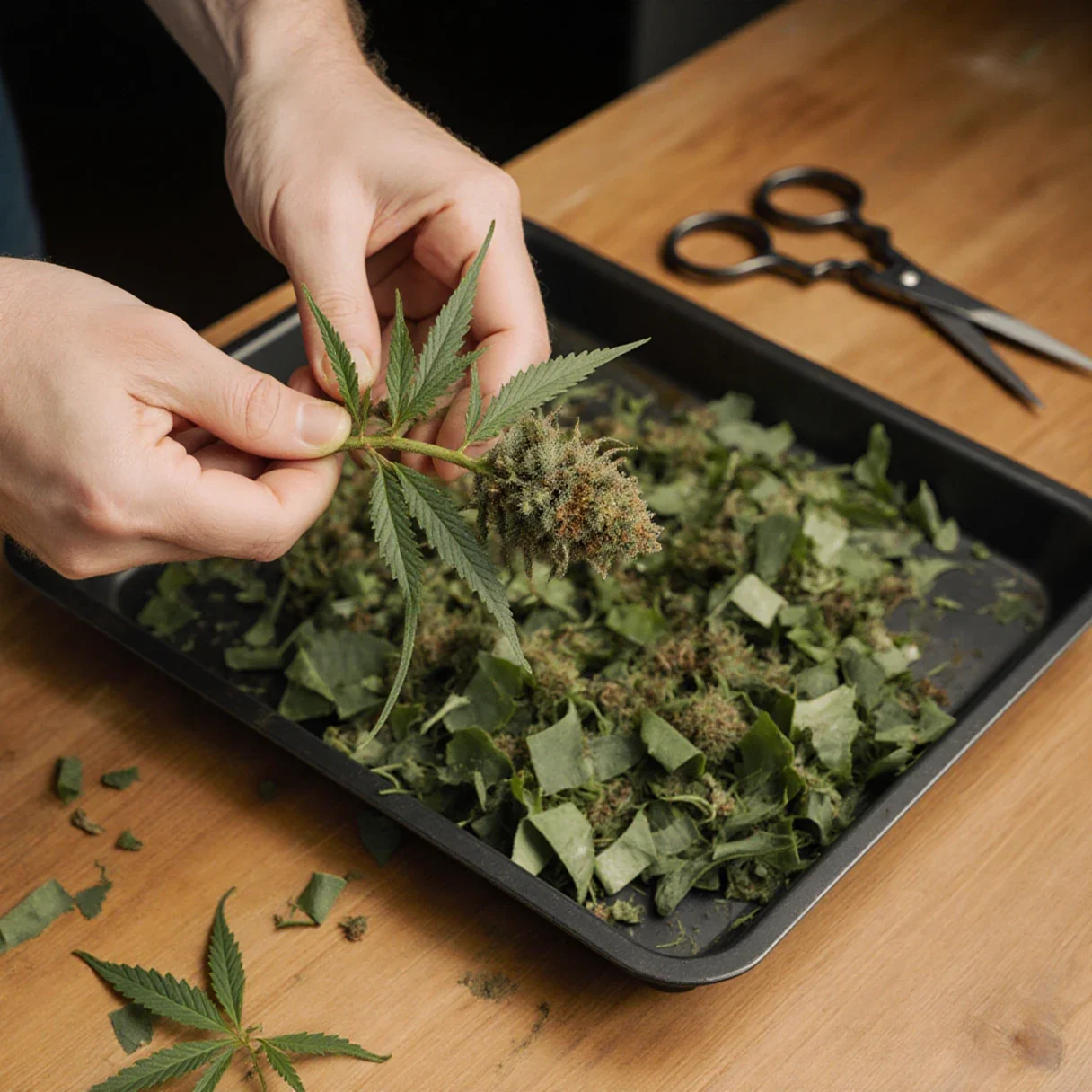 A grower's hands holding a trimmed cannabis branch in late flower beside a tray of sugar leaf
