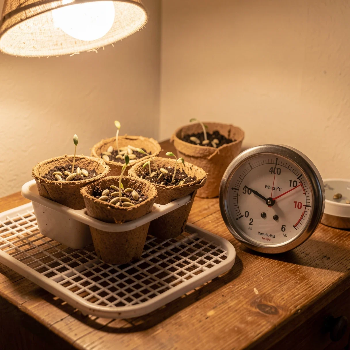 A seedling heat mat and thermometer keeping germinating cannabis seeds at the right temperature